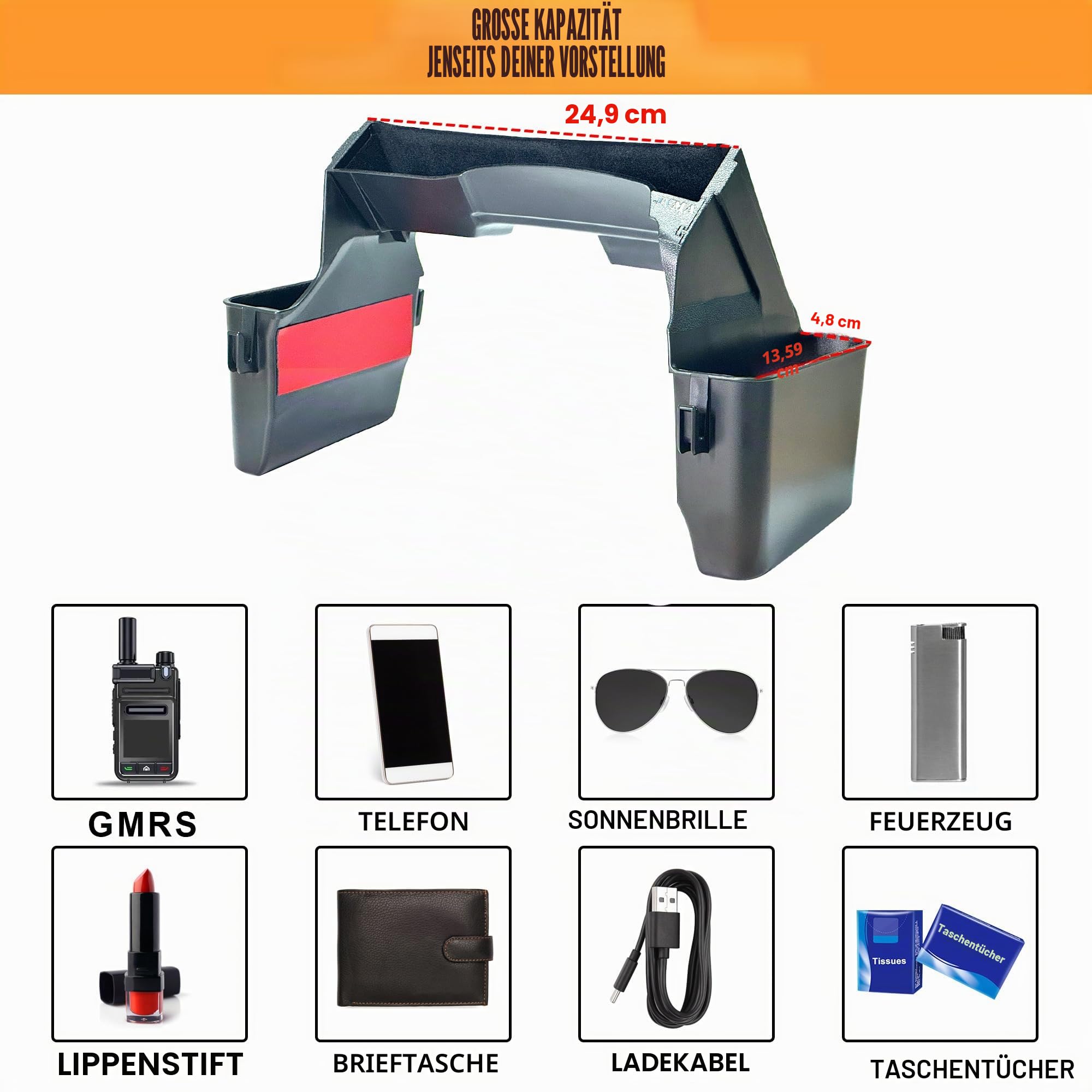 JVMA Center Console Gear Shift Organizer Tray für Jeep Gladiator Zubehör und Jeep Wrangler JL JLU 2025 2024 2023 2022-2018 Rubicon Sahara 4xe Aufbewahrungsbox, Auto-Müllbeutel-Haken, Innenraum