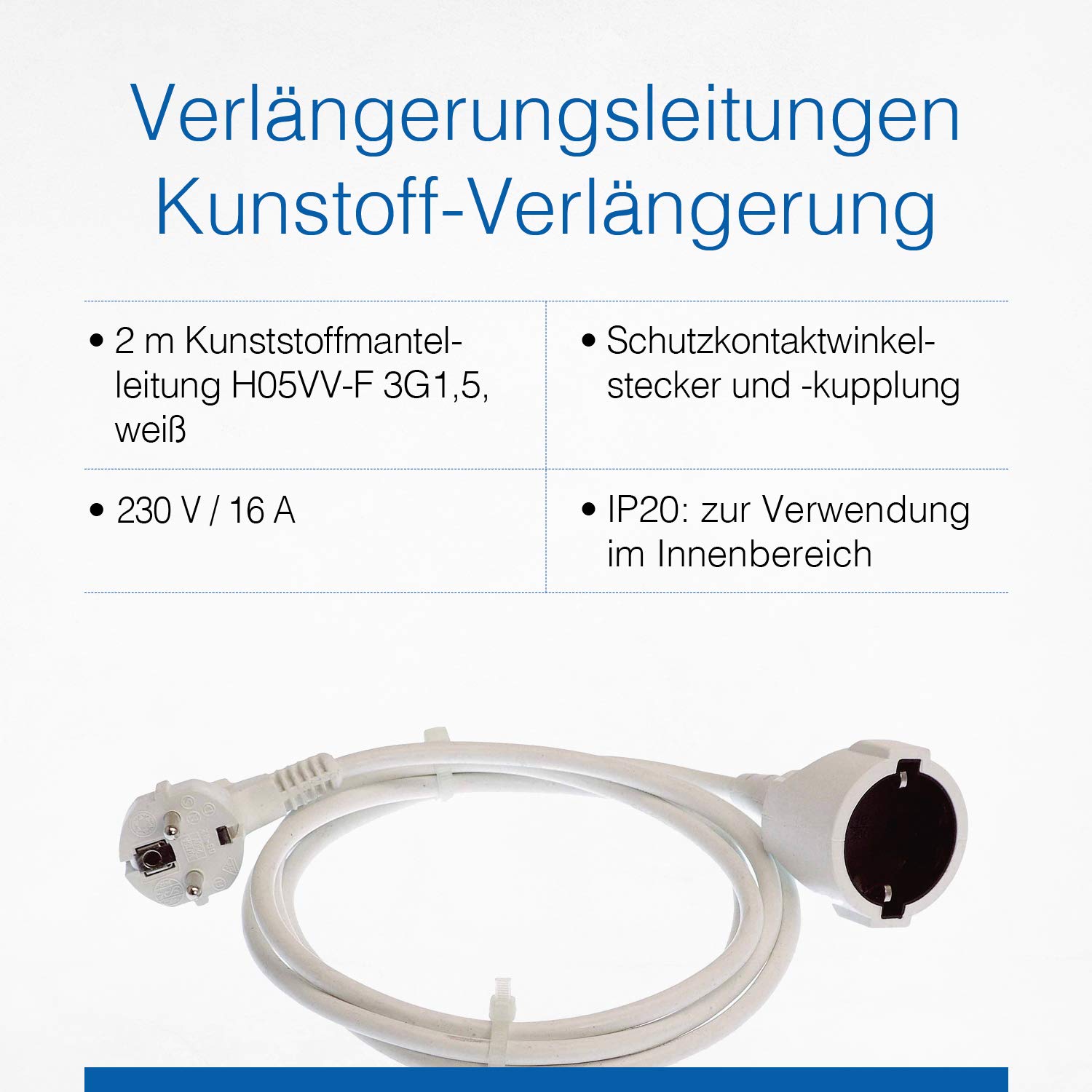 as - Schwabe alargador de Cables 2 m H05VV-F 3G1,5 - Cable de extensión 230 V / 16 A / 3.500 W - Enchufe y Enchufe Hembra con Toma de Tierra - protección contra cuerpos extraños IP20 - Blanco, 50201 — view 3