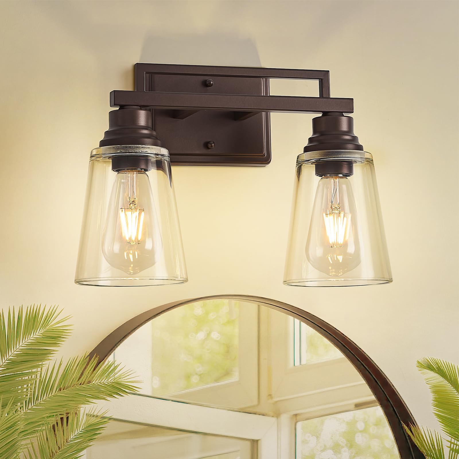 Refice Badezimmer-Waschtisch-Leuchten über Spiegel, 2-flammig, Badezimmer-Leuchten, ölgeriebene Bronze, Wandleuchten mit Klarglas-Schirmen für Spiegel, Wohnzimmer, Bauernhaus, Flur (Leuchtmittel nicht