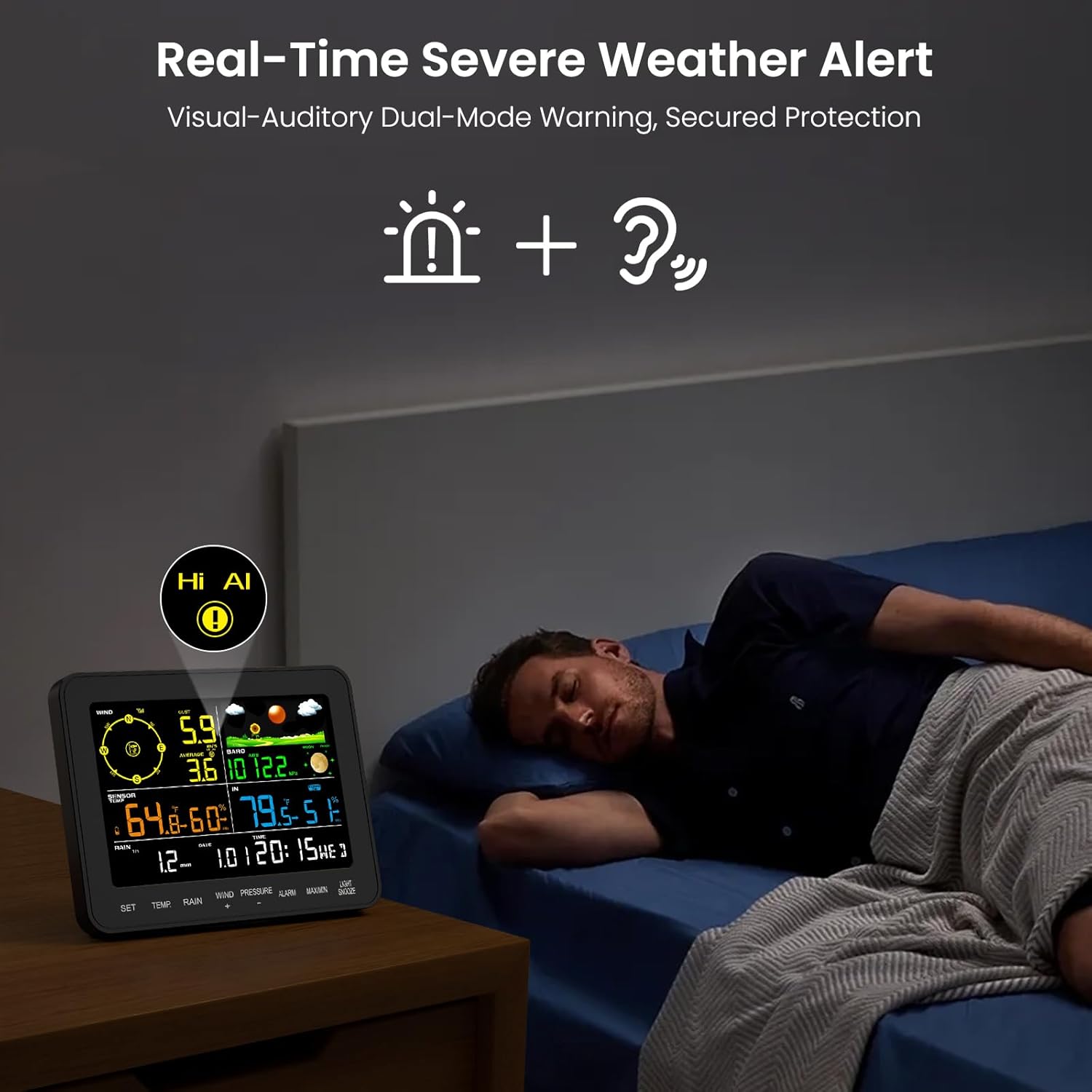 Weather Stations Wireless Indoor Outdoor, Weather Station with Rain Gauge and Wind Speed, Weather Forecast, Temperature, Air Pressure, Humidity, Moon Phase, Alarm Clock(No WiFi)