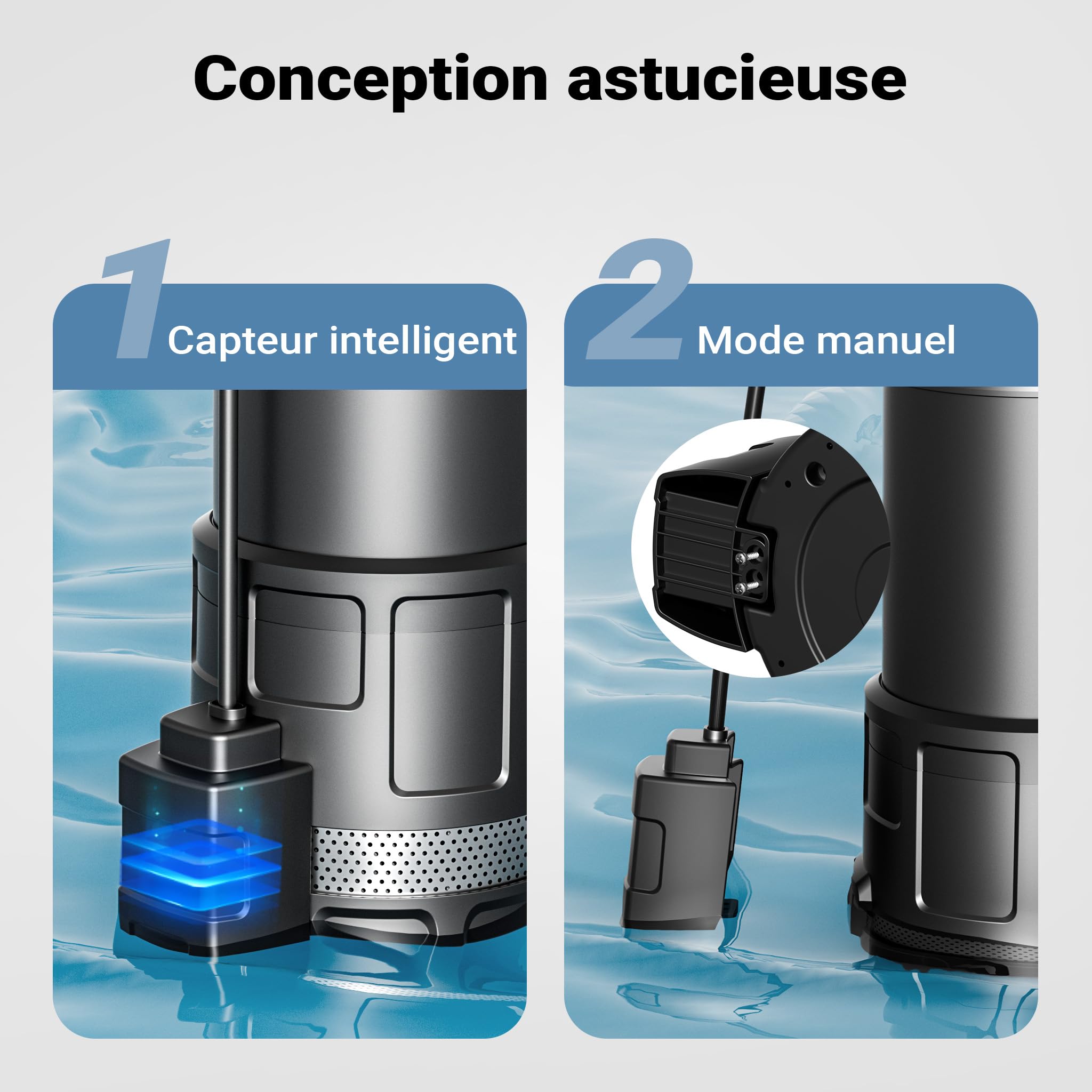 Wiltec Pompe à eau immergée 1200 W – 6000 l/h – Refoulement max. 40 m, profondeur max. 7 m – Détecteur anti-marche à sec, Interrupteur à flotteur, Thermorégulateur – Pompe submersible