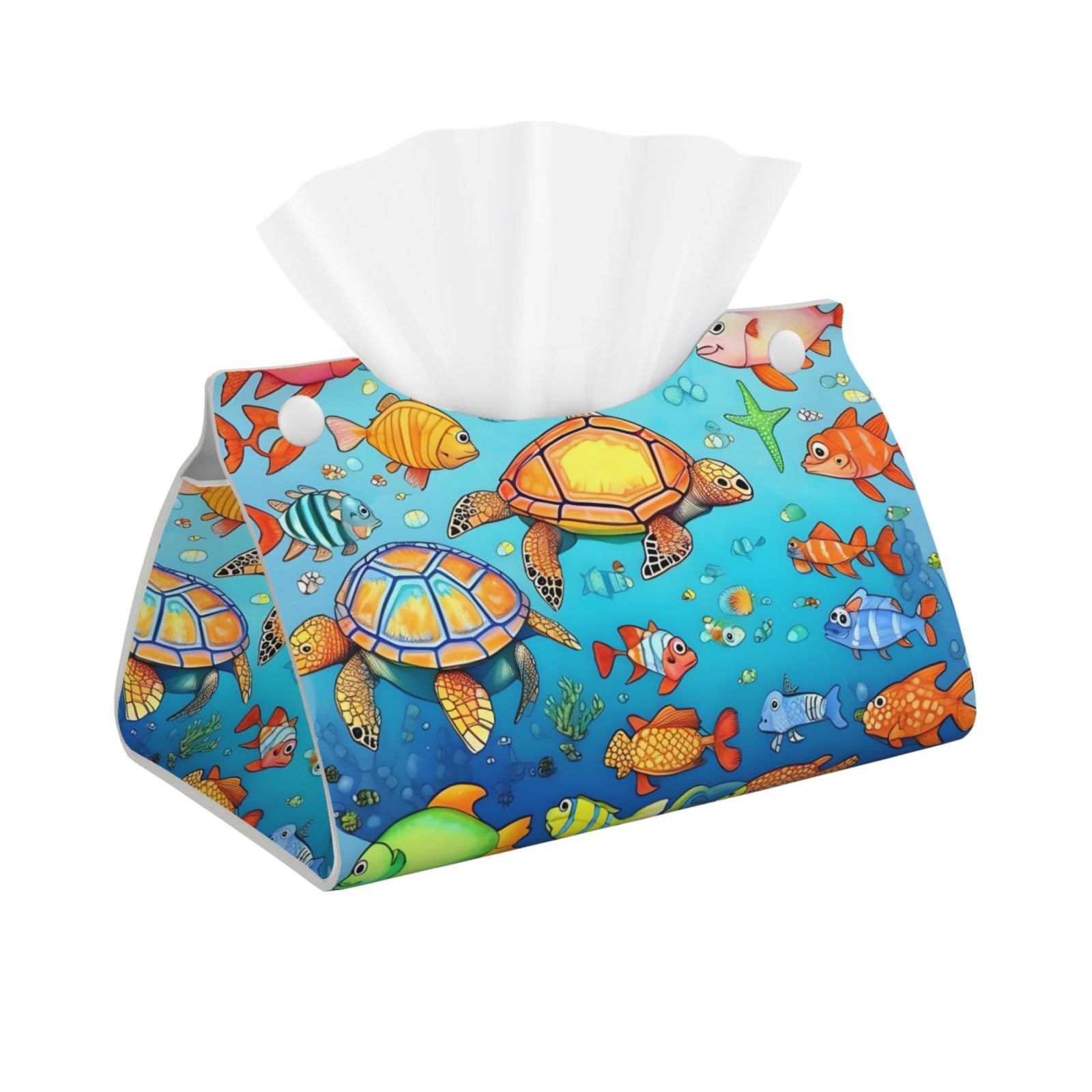 Turtle and Fish Long Leather Tissue Box Cover-Waterproof PU Leather Tissue Holder for Bathroom, Decorative Rectangular Tissue Case