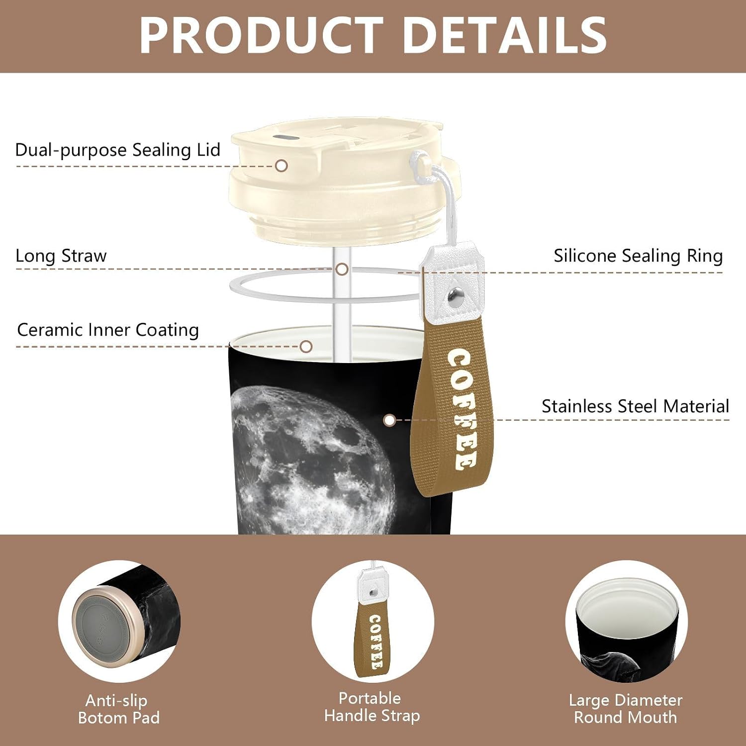Grim Reaper Raven Insulated Coffee Mug with Straw & Flip Lid, 16.9oz Iced Tumbler Cup, Double Wall Vacuum Leak-Proof Mug for Travel Office