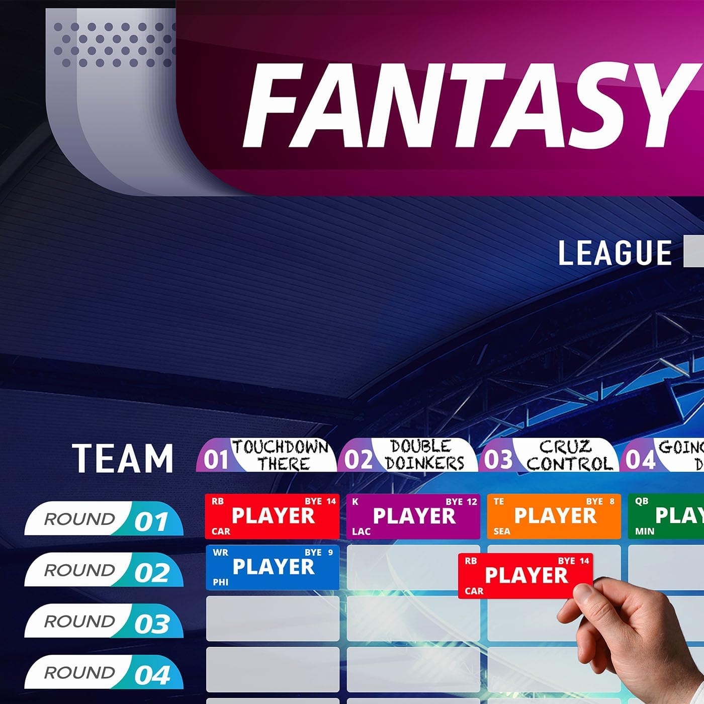 Fantasy Football Draft Board Kit - 2025, 6 Feet x 4 Feet, Large, 14 Teams 20 Rounds, Vinyl, XL