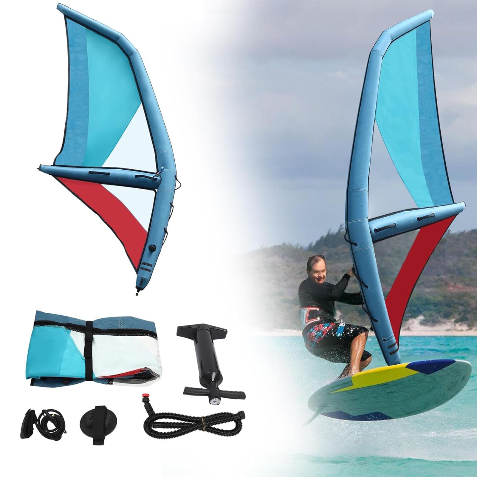 Aufblasbarer Surfflügel Handheld Windsurfing Segel mit 360° drehbarer Basis und Luftpumpe für Wing Board Surfen und Wasseraktivitäten