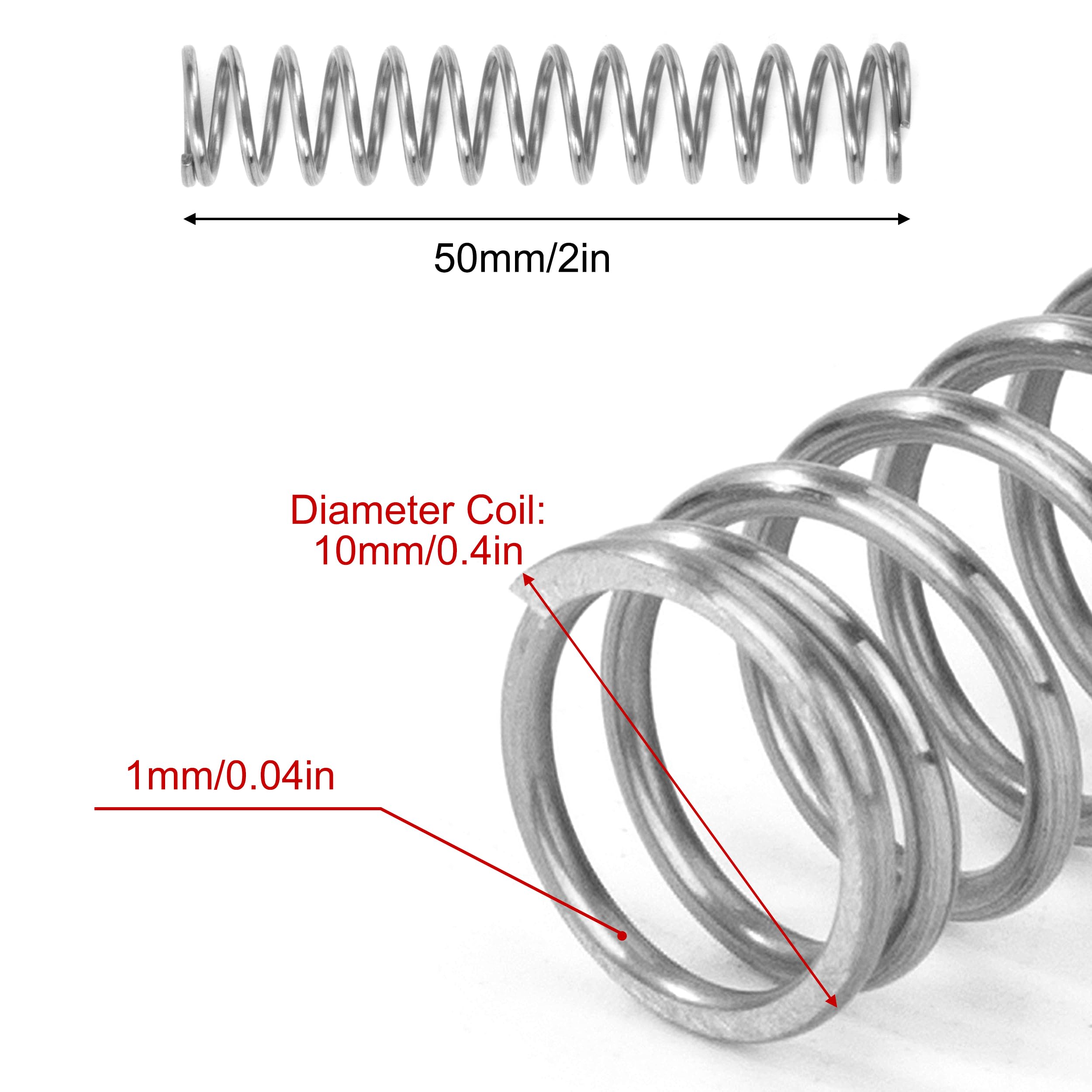 Sprężyny dociskowe 50 mm sprężyna ze stali nierdzewnej 304 średnica drutu 1 mm średnica zewnętrzna 10 mm siła sprężyny 2 kg 10 sztuk