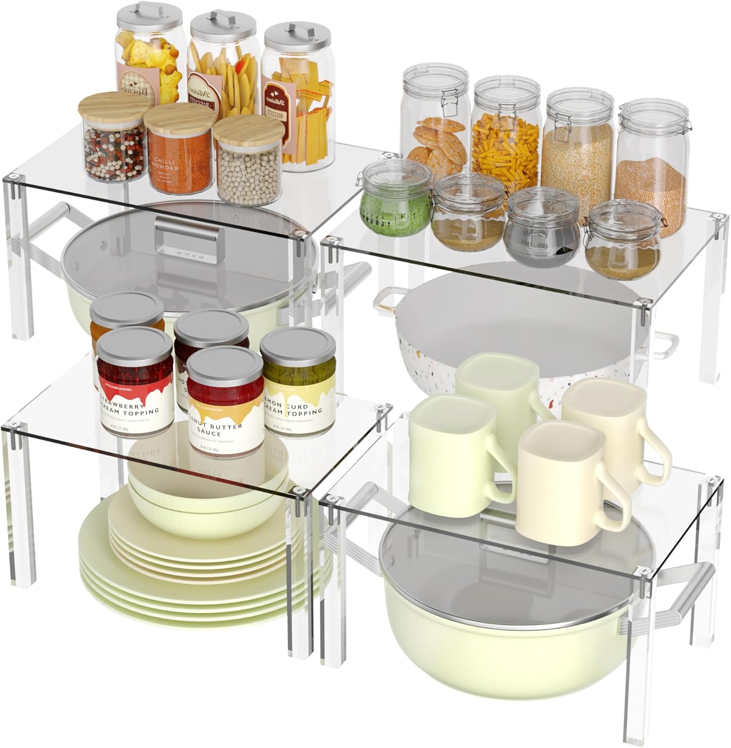 Acrylic Cabinet Organizer, Set of 4 Stackable Spice Rack for Kitchen Organizer Storage Countertop Spice Organization for Cabinet Display Shelves(Clear)