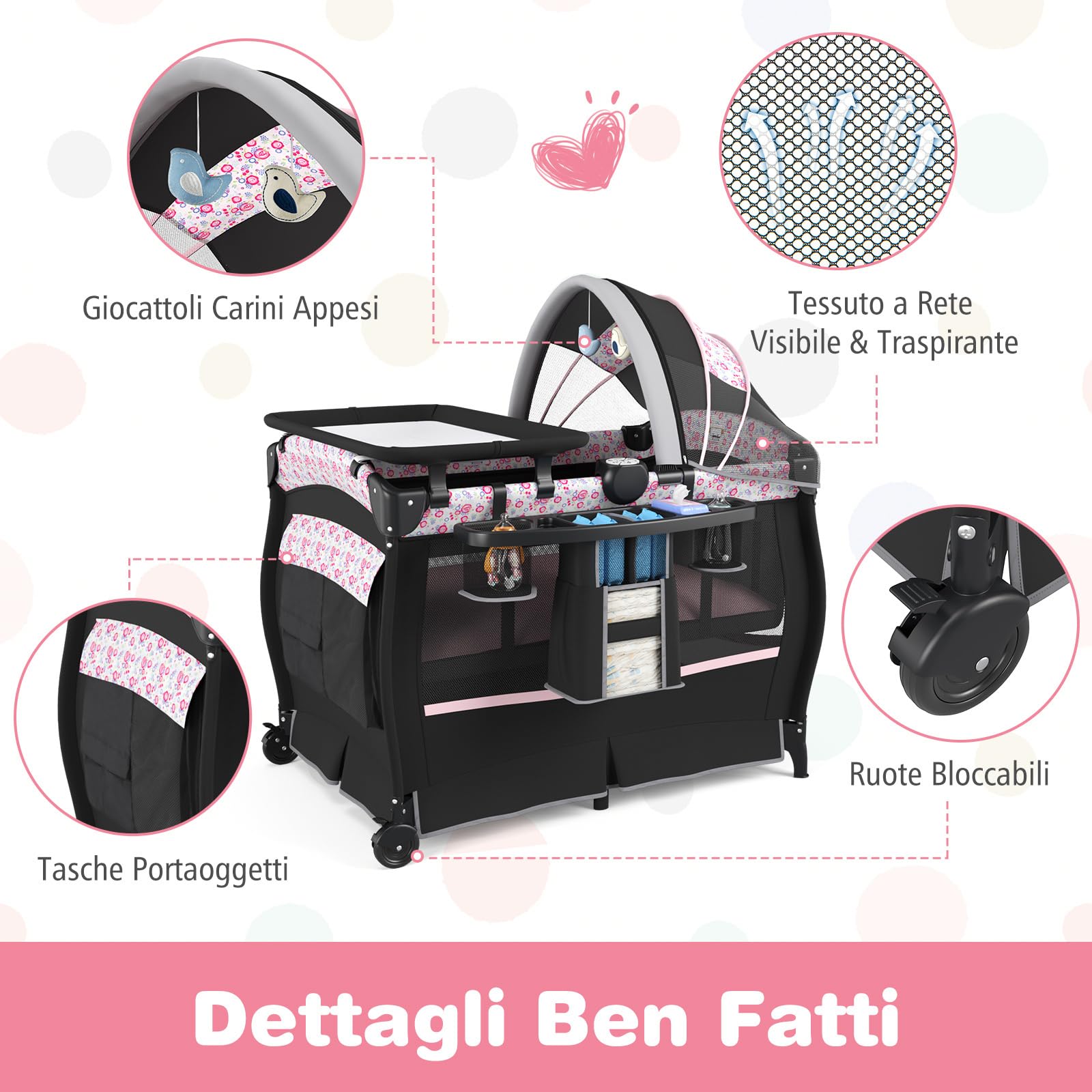 COSTWAY 4 in 1 Lettino Neonato con Materasso, Culla da Campeggio con Fasciatoio Cappottina Regolabile, Ruote Bloccabili, Box Piechevole per Bambini 0-36 Mesi (Fiore Grande)