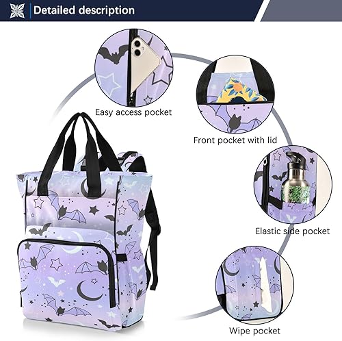 Miniatura 2 de Mochila de pañales de Halloween, con diseño de murciélagos y cielo estrellado, bolsa de pañales de viaje para mujer, bolsa cambiadora funcional de