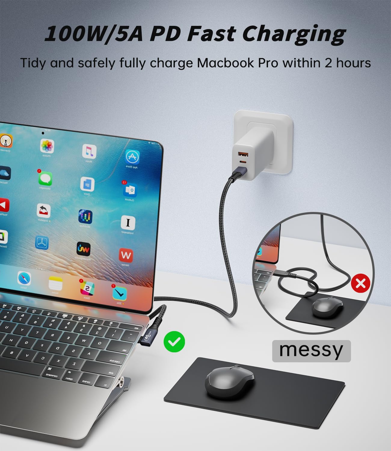 Cavo USB 4 , Cavo Thunderbolt 4 ad Angolo Retto, Supporta il Trasferimento Dei Dati a 40Gbps / Ricarica Veloce a 100W / Video 8K@60Hz Compatibile con Tutti i Dispositivi USB C (Angolo Retto, 2M)