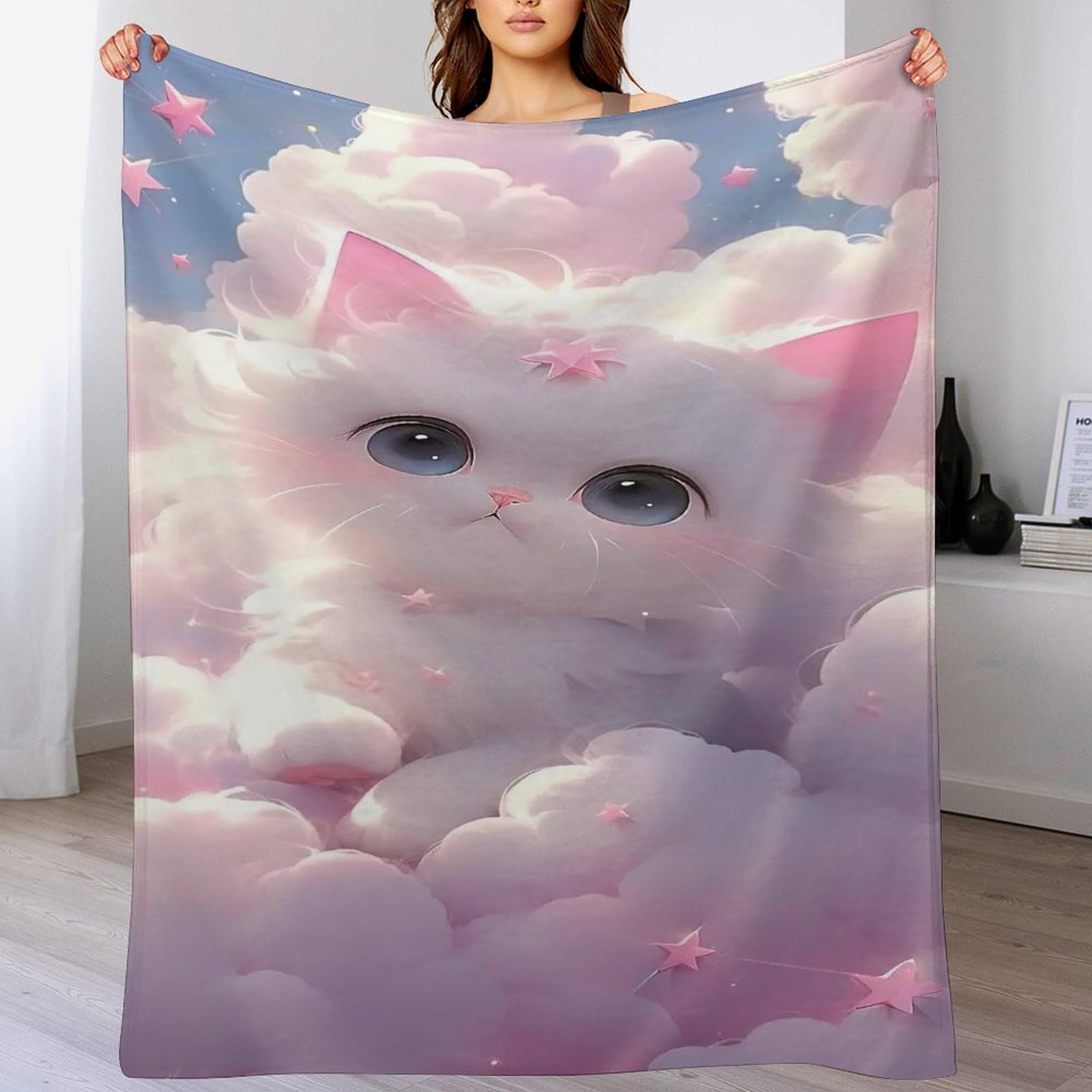 Couverture lit motif chat en flanelle douce pour soirées cocooning