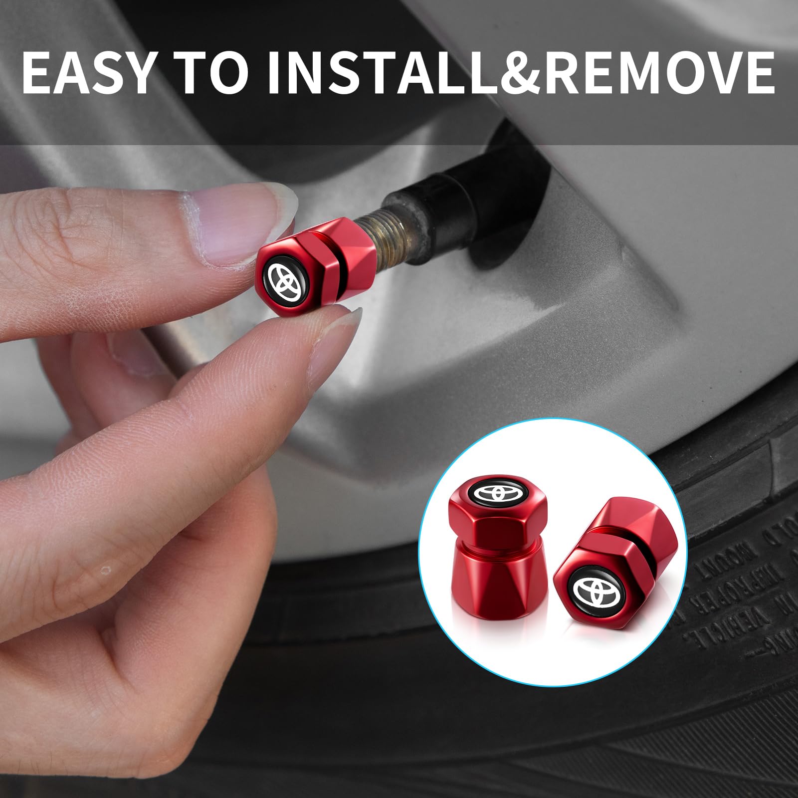 Tire Valve Stem Caps for Toyota, Corolla, RAV4, Highlander Metal Car Wheel Air caps Auto Valve Stem Caps Accessories 4 Pack Red — view 3