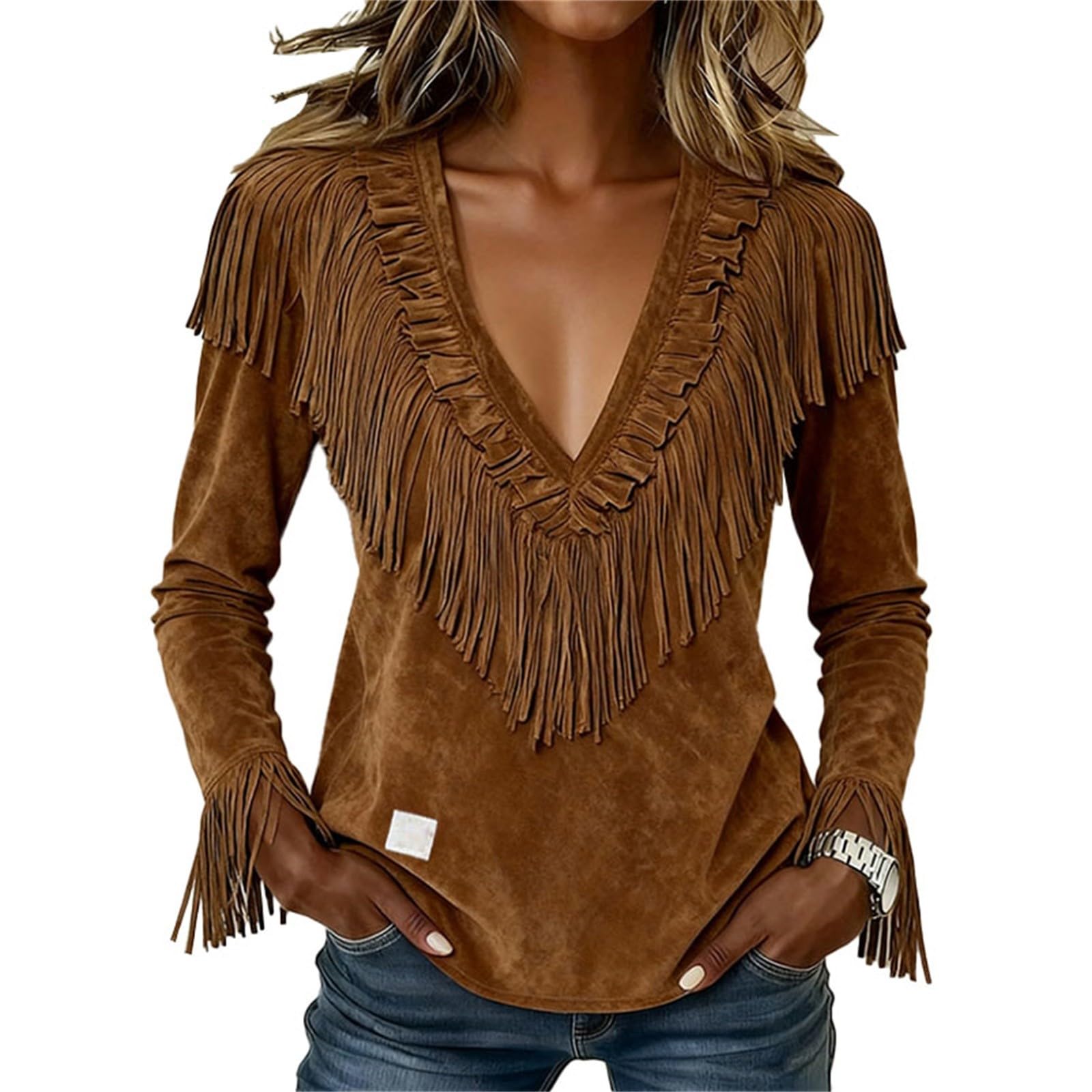 HUIFUAO Western-Tops für Damen, Vintage-Fransenhemden, V-Ausschnitt, langärmelig, Quastenbluse, Wildleder, Cowgirl-Outfits, 70er-Hippie-Kleidung, trendig, lässig, Festival, Party-Kostüme