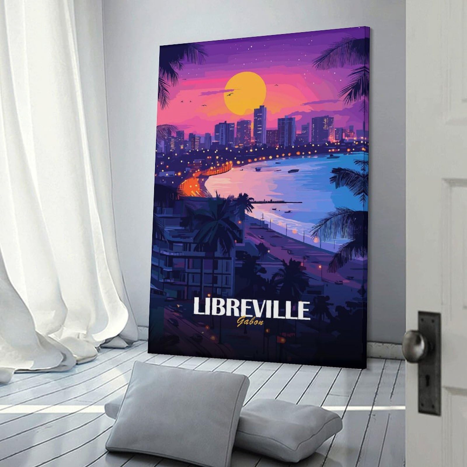 Junmoney Libreville Gabon Cityscape at Sunset Wall Picture Print, 24x36inch(60x90cm), for Flats, Guest Rooms Or Compact Rooms, Decorative Canvas Decor for Home Updates
