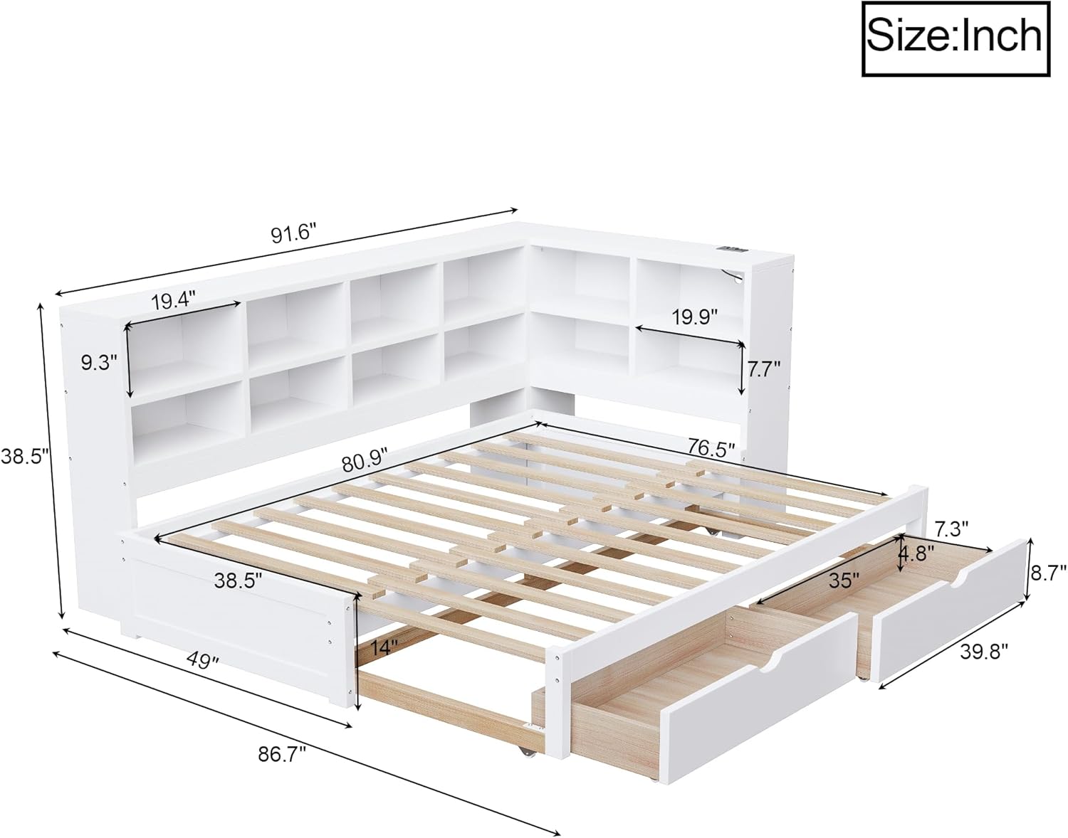 Wood Daybed Twin XL to King Size with 2 Storage Drawers and L-shaped Storage Cabinets, L-Shaped Corner Platform Bed Frame with LED Light and USB Ports for Office Living Room Bedroom (White-2.14)