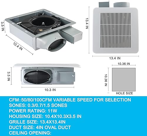 Miniatura 3 de Tech Drive Ventilador de baño 50-80-100 CFM DC motor de ahorro de energía, ventilación muy silenciosa y ventilador de escape, ventilador montado en