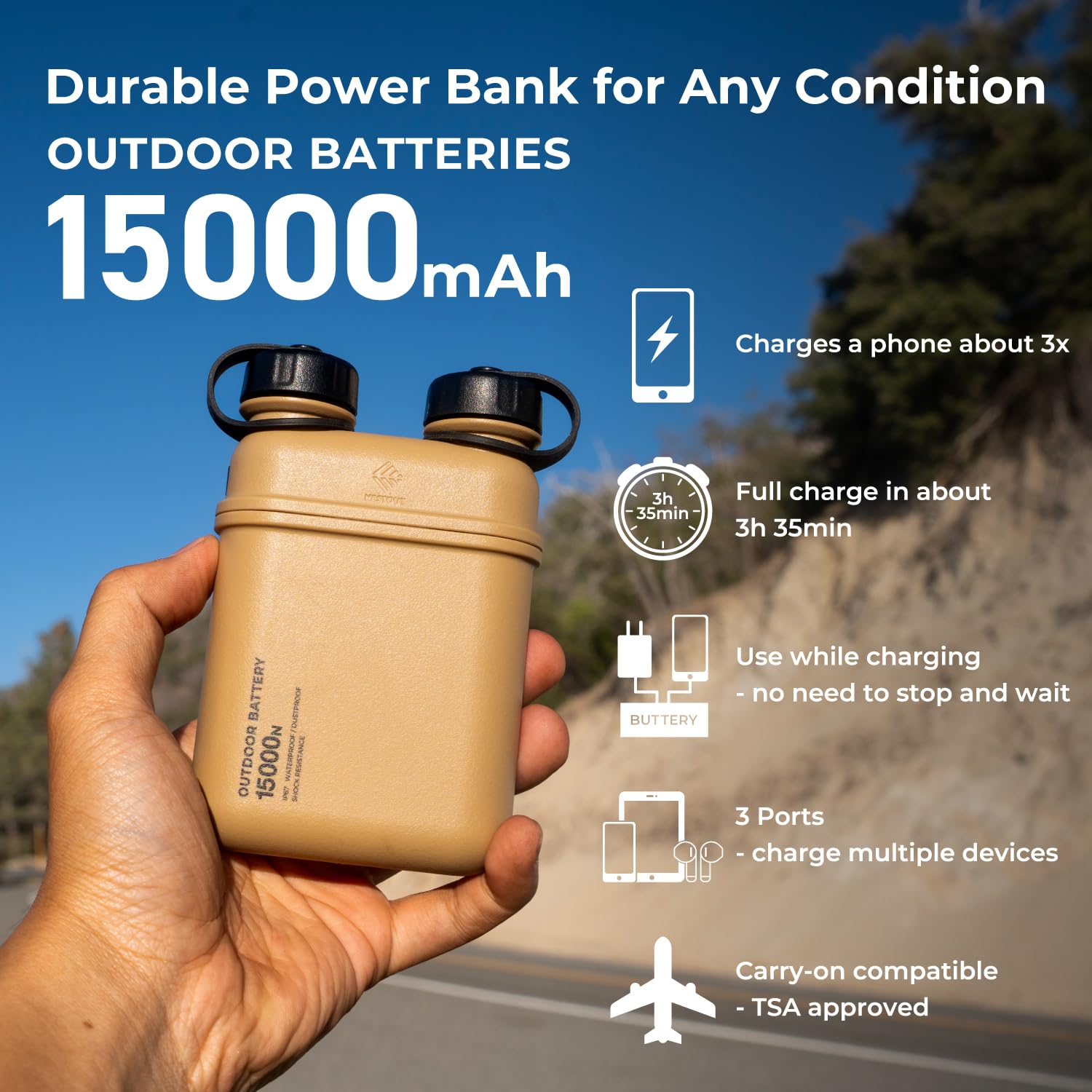 ELECOM NESTOUT Power Bank 15000mAh, Caricabatterie Portatile Outdoor, Resistente e Impermeabile IP67, Antiurto, Ricarica Rapida USB-C PD 32W, Batteria per Smartphone Tablet, Campeggio Trekking - Beige