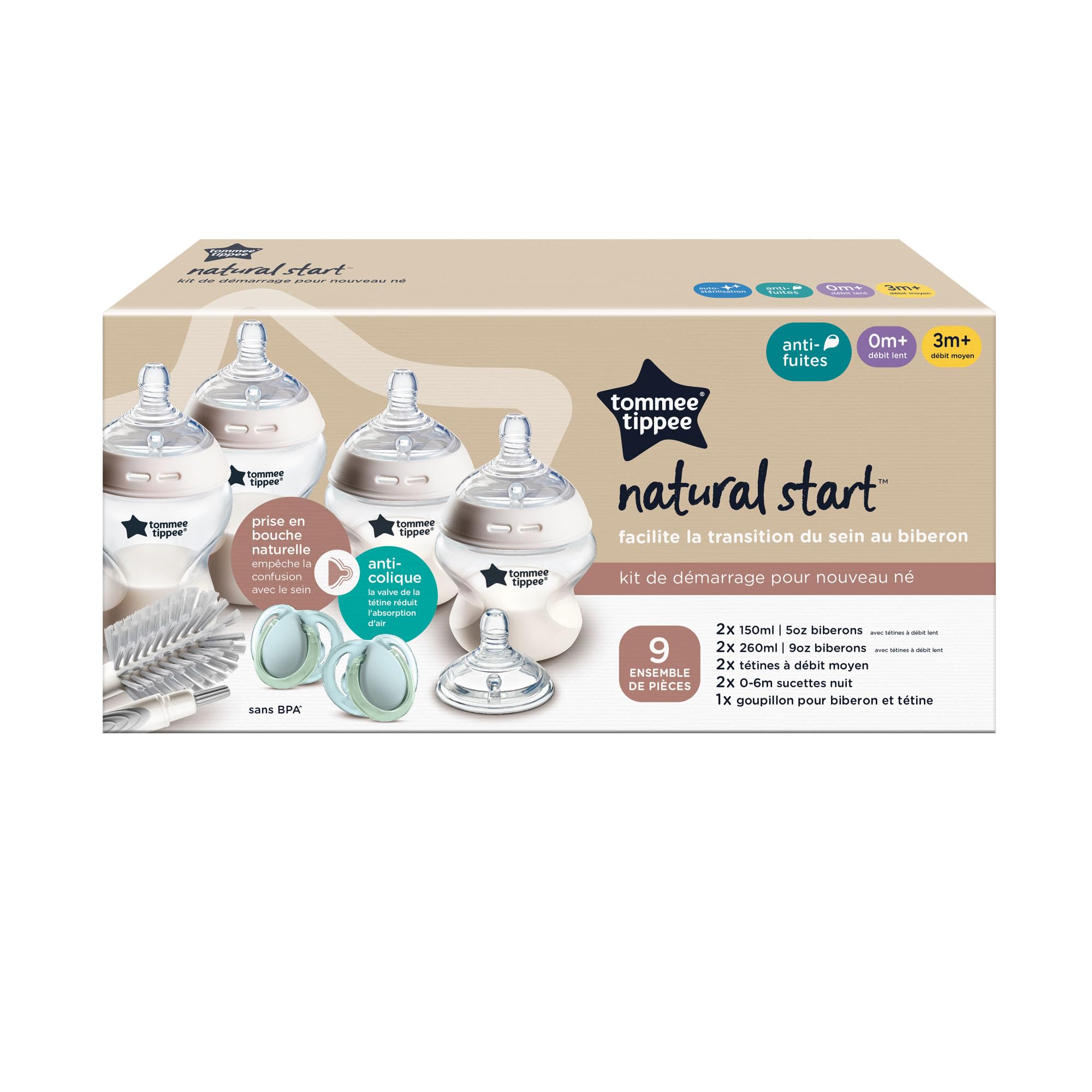 Tommee Tippee Biberon, set starter Natural Start, anti-coliche 150/260 ml, tettarelle a flusso medio per attaccamento naturale, autosterilizzante