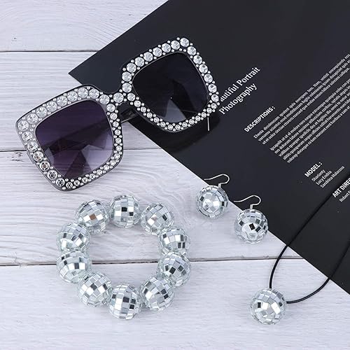 Miniatura 7 de Juego de 5 piezas de accesorios de discoteca de los años 70, aretes de bola, collar, pulsera, diadema brillante y gafas de sol para mujer