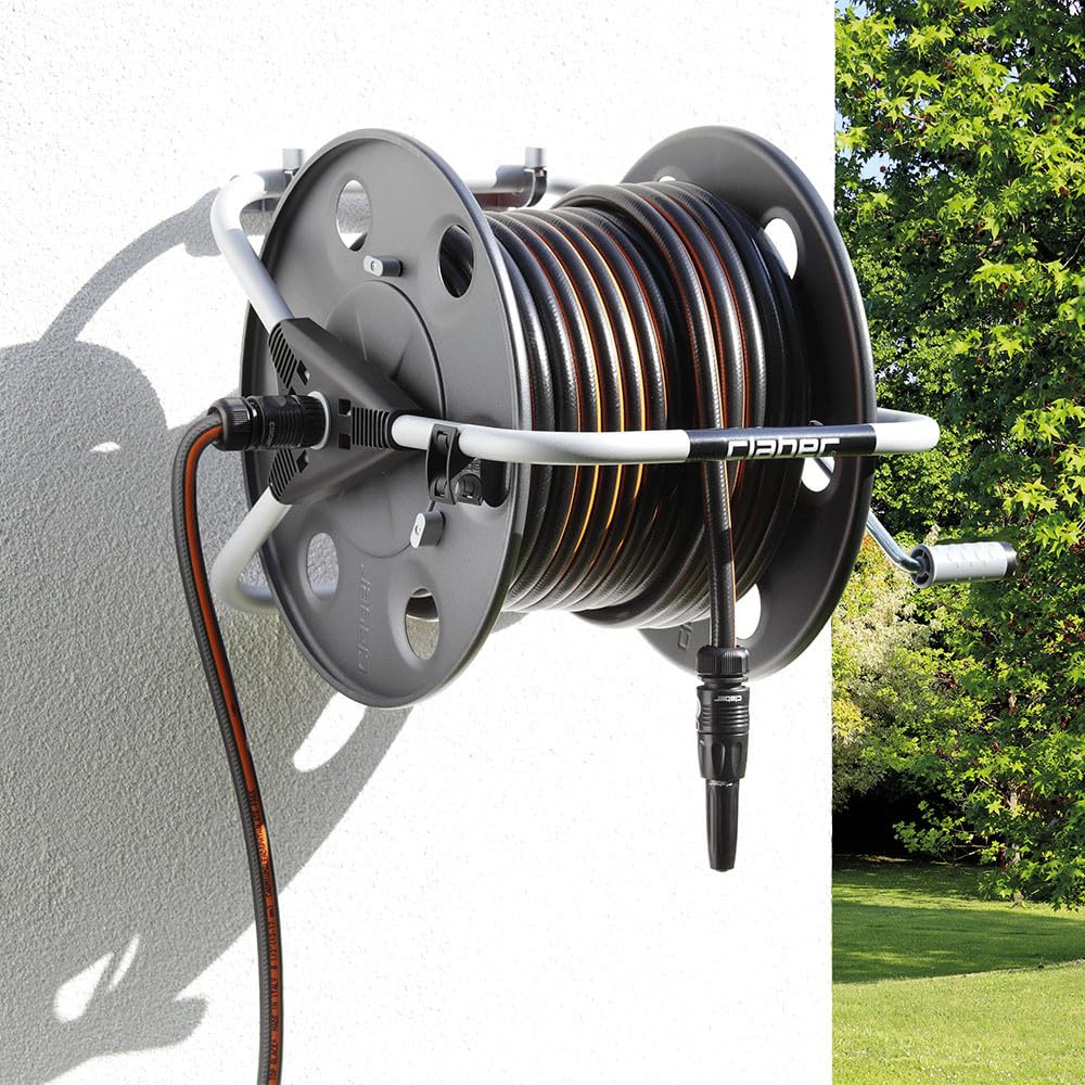 Claber Metal 40, avvolgitubo manuale da giardino in metallo, portatile installabile a parete