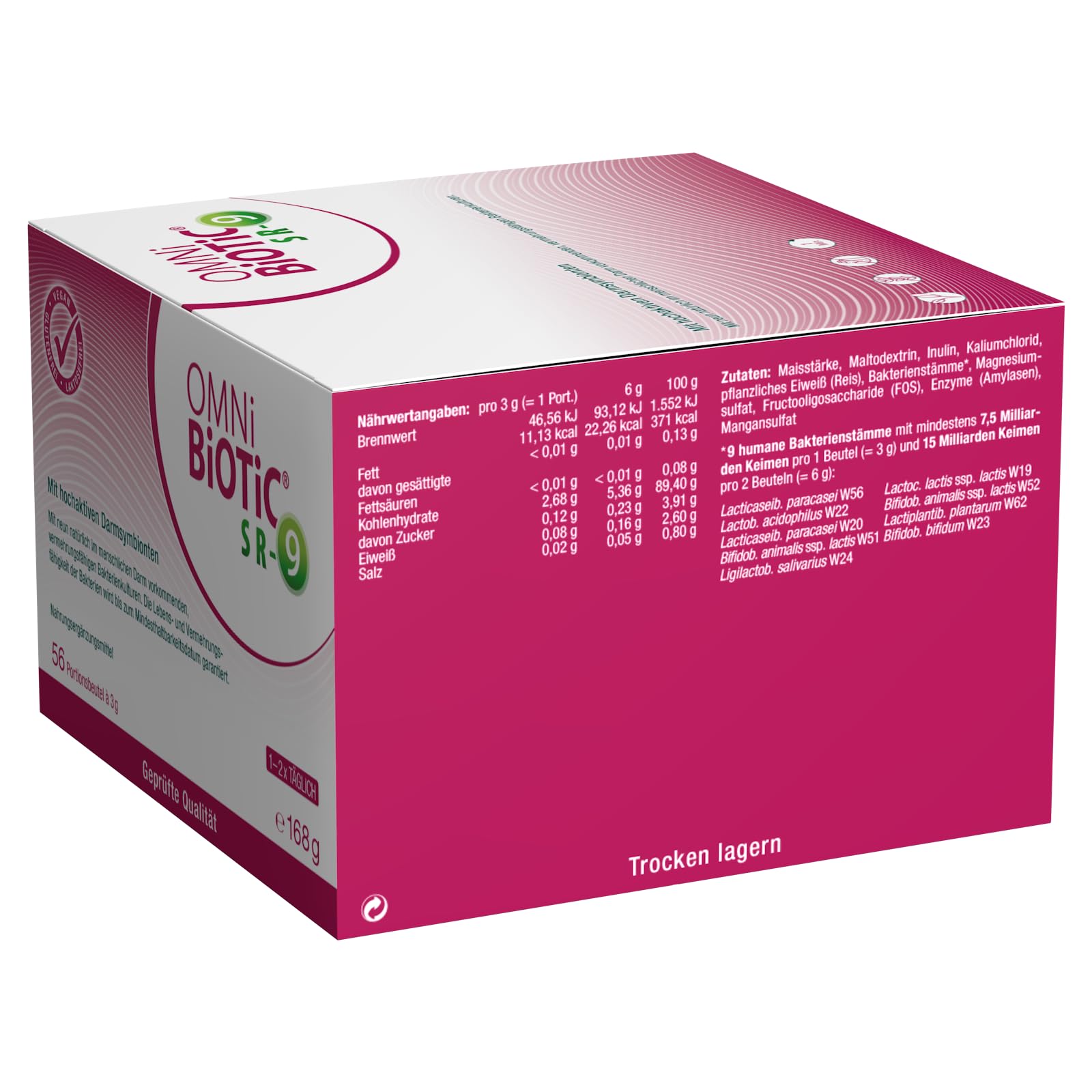 OMNi BiOTiC SR-9 | 56 porciones (168 g) | 9 cepas de bacterias | 15 mil millones de gérmenes por dosis diaria | Polvo | Vegano | Sin gluten | Sin lactosa | Para uso diario
