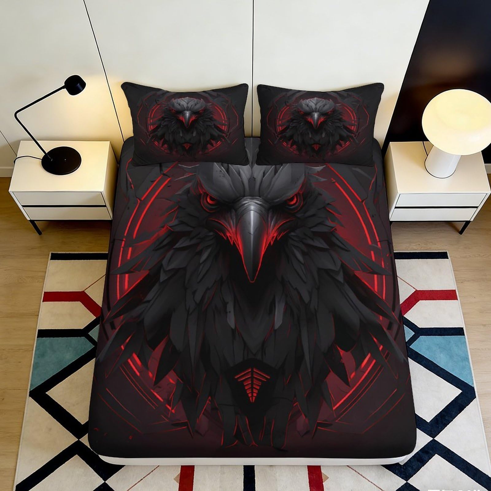 3D Printed Dark Raven Fitted Sheet Microfiber Soft Breathable Gothic Bird Bed Cover for Bedroom Dormitory Guest Room Mattress Protection 120x200x25cm