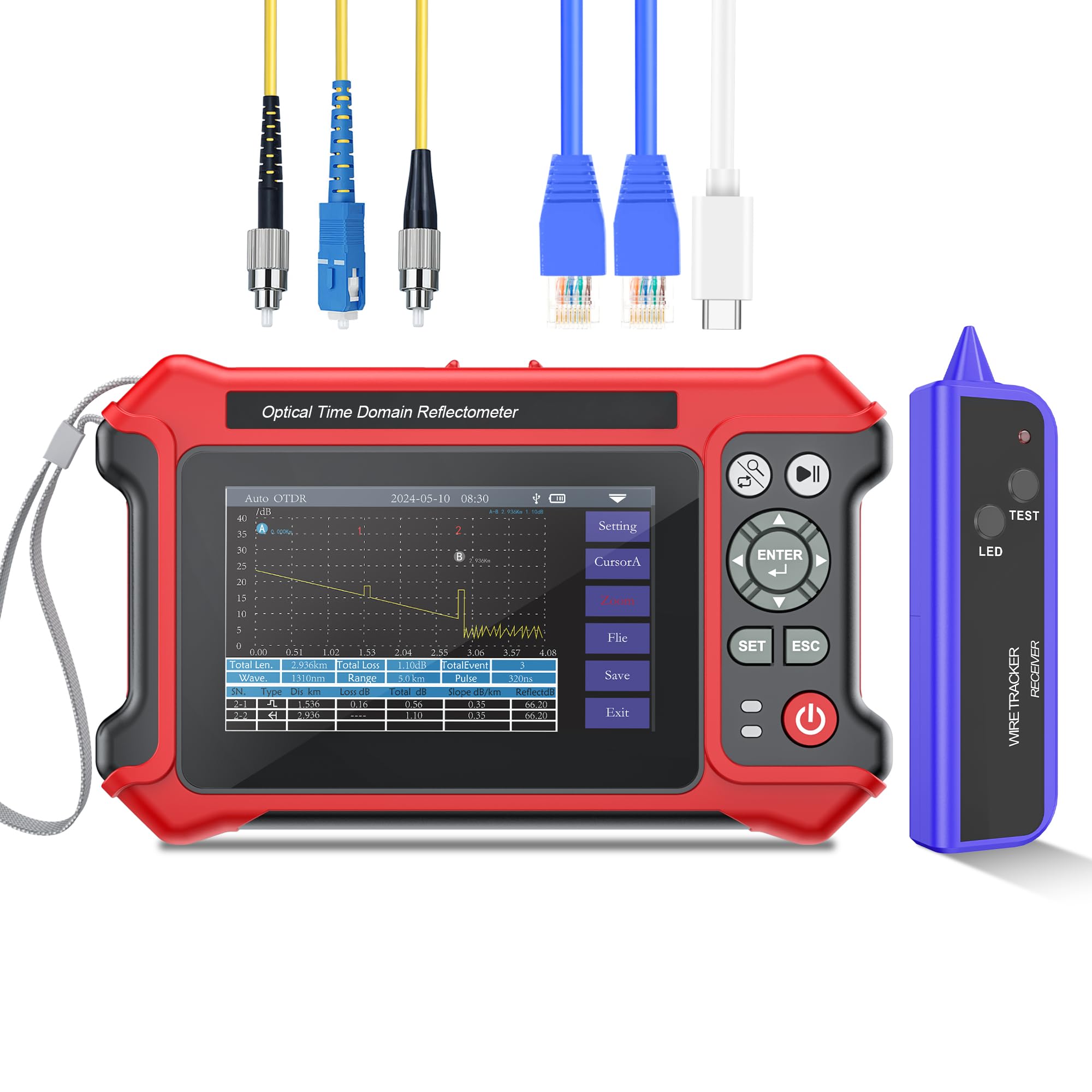OTDR Testeur de fibre optique SM 1310/1550 nm 28/26 dB 4,3" 16 en 1 multifonction Expert OTDR Testeur avec 10 G Double OPM VFL OLS LS Carte d'événement Inspecter le visage du câble RJ45 Test d'état