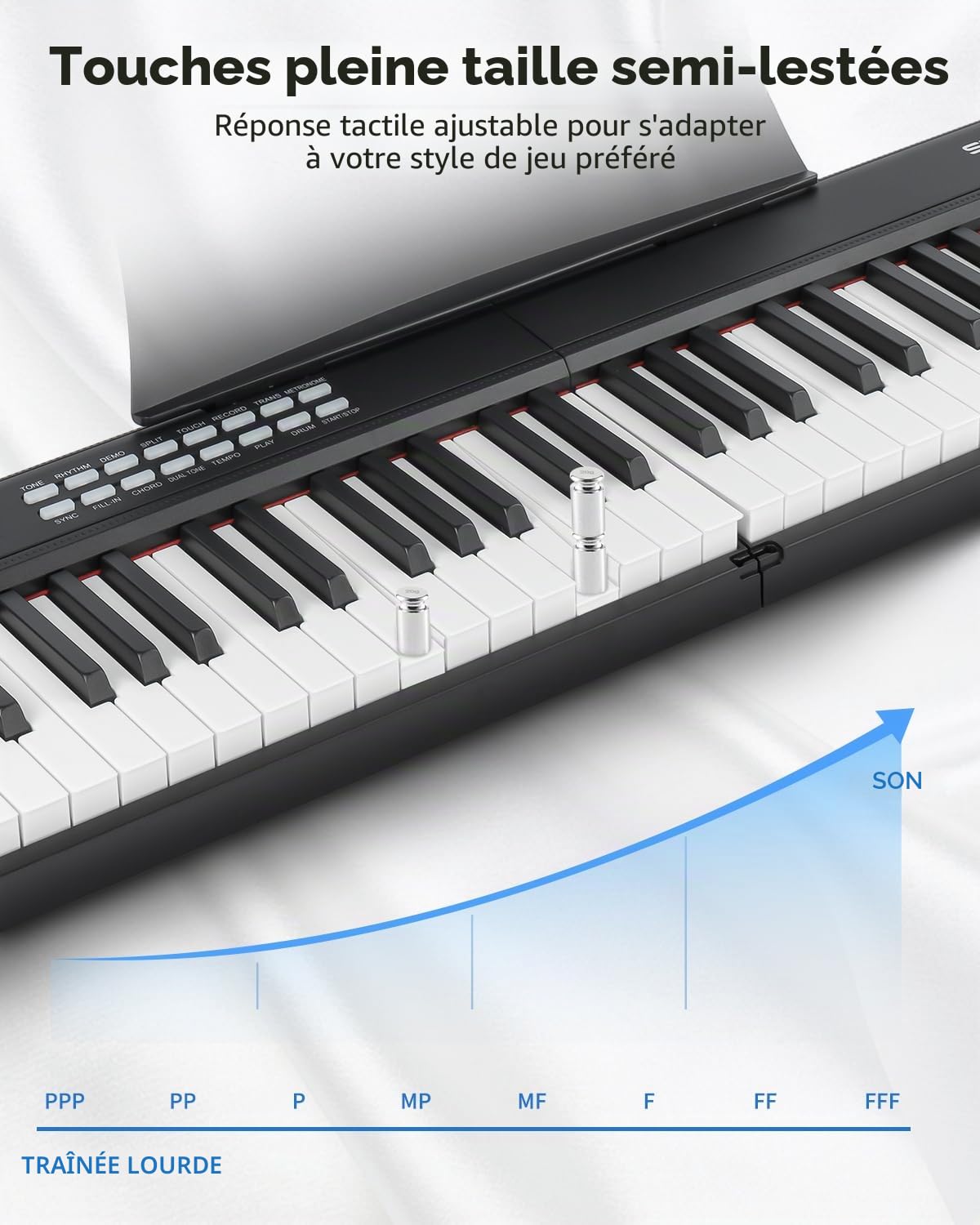 STRICH Piano numérique pliable à 88 touches avec touches sensibles semi-lestées, ensemble de piano électrique portable pour débutant, ensemble avec pédale de sustain, écouteurs, repose-musique, SEP