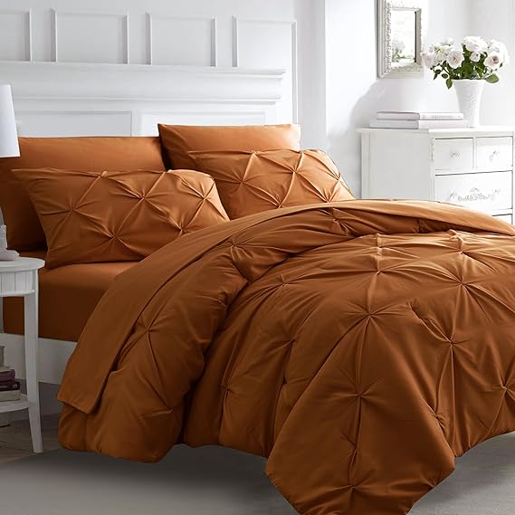 Ubauba 7pc Burnt Orange Queen Comforter Set, Rust 7 Piece Pintuck Bed in a Bag with Sheets, All Season Pinched Pleat Bedding Comforters & Sets,(Rustic, Queen Size)