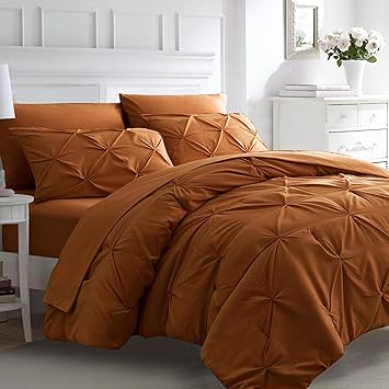 Ubauba 7pc Burnt Orange Queen Comforter Set, Rust 7 Piece Pintuck Bed in a Bag with Sheets, All Season Pinched Pleat Bedding Comforters & Sets,(Rustic, Queen Size)