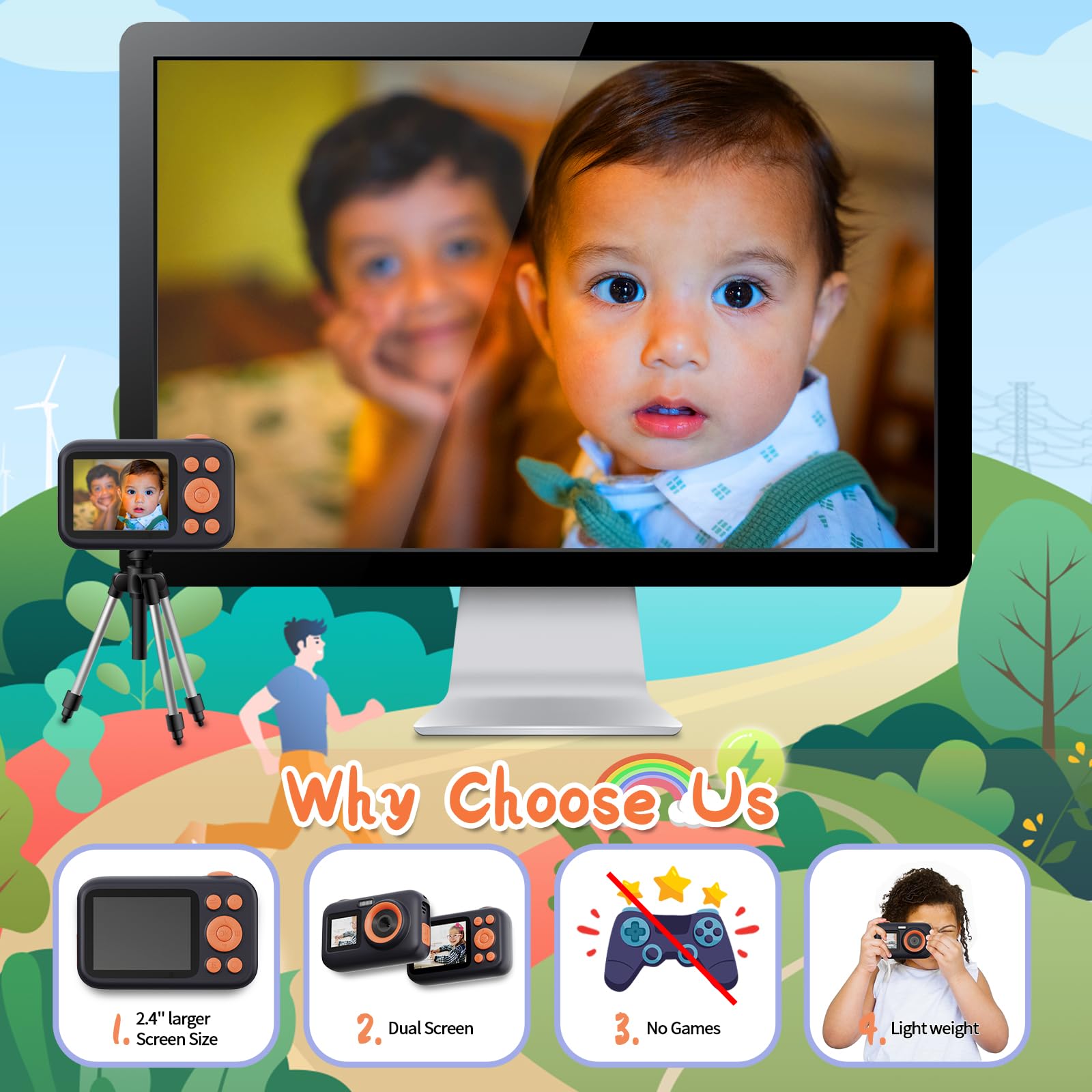 SJCAM macchina fotografica bambini,1080P 2.4'' 1.3'' doppio colore schermo LED Bambini fotocamera digitale Vedio Compleanno Regali di vacanza con 32G Card, adesivo per età 3-10 anni ragazze ragazzi