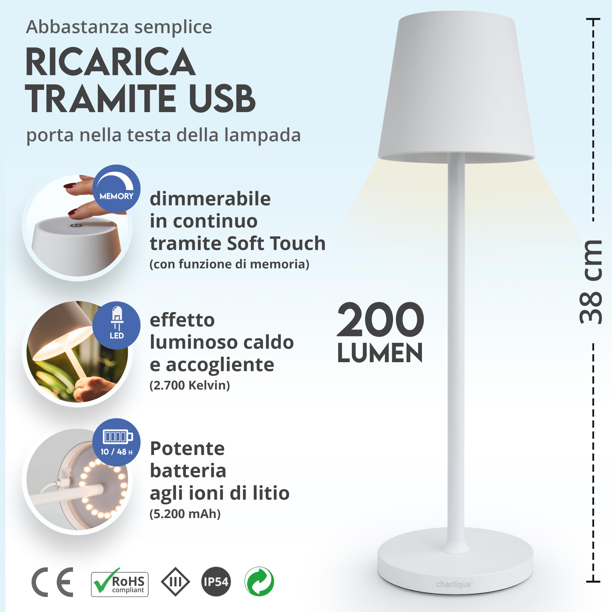 Lampada da tavolo a LED a batteria (2 pezzi, bianco) – Lampada da tavolo dimmerabile con USB, ricaricabile, luce calda, per interni ed esterni, altezza 38 cm, 100011