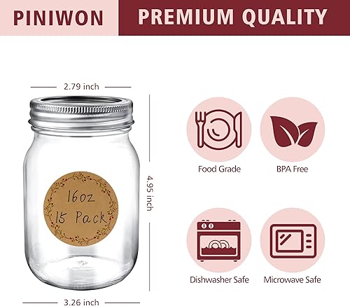 Miniatura 2 de PINIWON Tarros Mason de 16 onzas con tapas herméticas y bandas, paquete de 15 frascos de boca regular, tarros de vidrio transparente para enlatar,