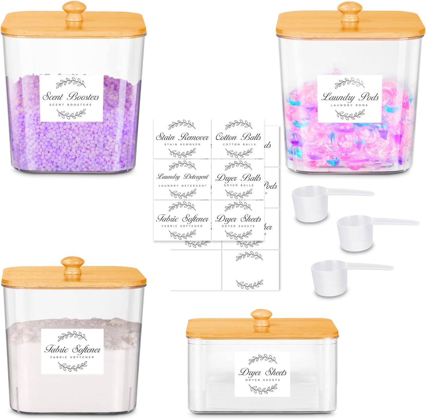 3+1 Pack Laundry Pods Container & Dryer Sheet Holder Set,Clear Laundry Room Organization Containers with Bamboo Lids and Labels,Laundry Pods Holder for Scent Booster,Powder,Pod 3+1 Pack Laundry Pods Container & Dryer Sheet Holder Set,Clear Laundry Room Organization Containers with Bamboo Lids and Labels,Laundry Pods Holder for Scent Booster,Powder,Pod