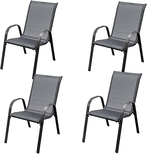 MEDIMALL Sillas de patio, juego de 4 sillas de patio apilables, sillas de césped grises con reposabrazos y tela transpirable para todo tipo de