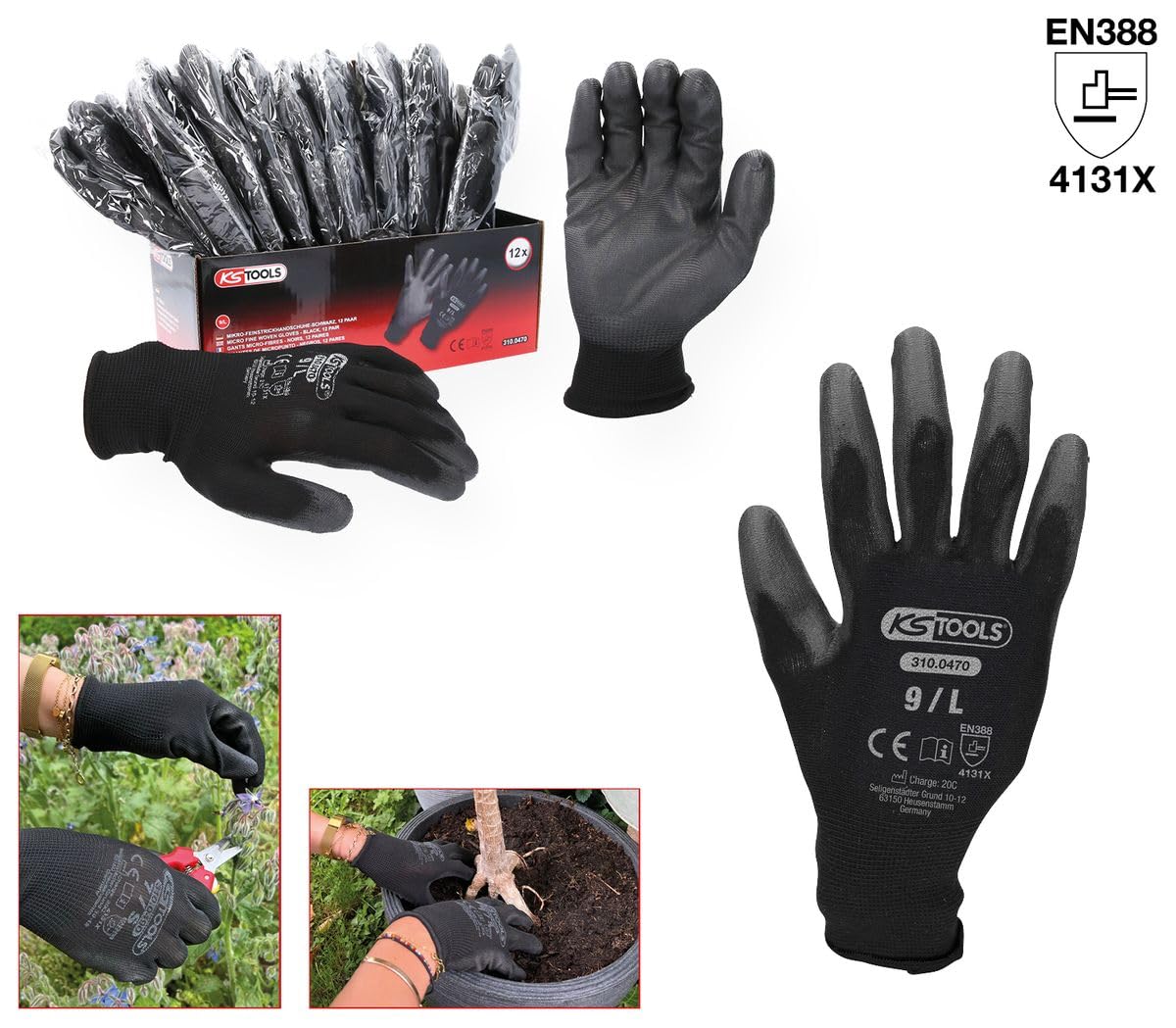 KS Tools 310.0470 Gants microfibres Taille L 12 paires Noir