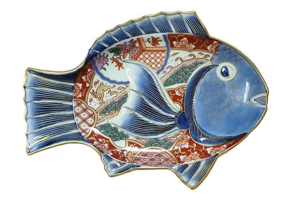2819 希少　林九郎窯　染錦波兎　鯛型焼物皿　鯛　鯛皿　25cm 2819 希少林九郎窯染錦波兎鯛型焼物皿鯛鯛皿25cm