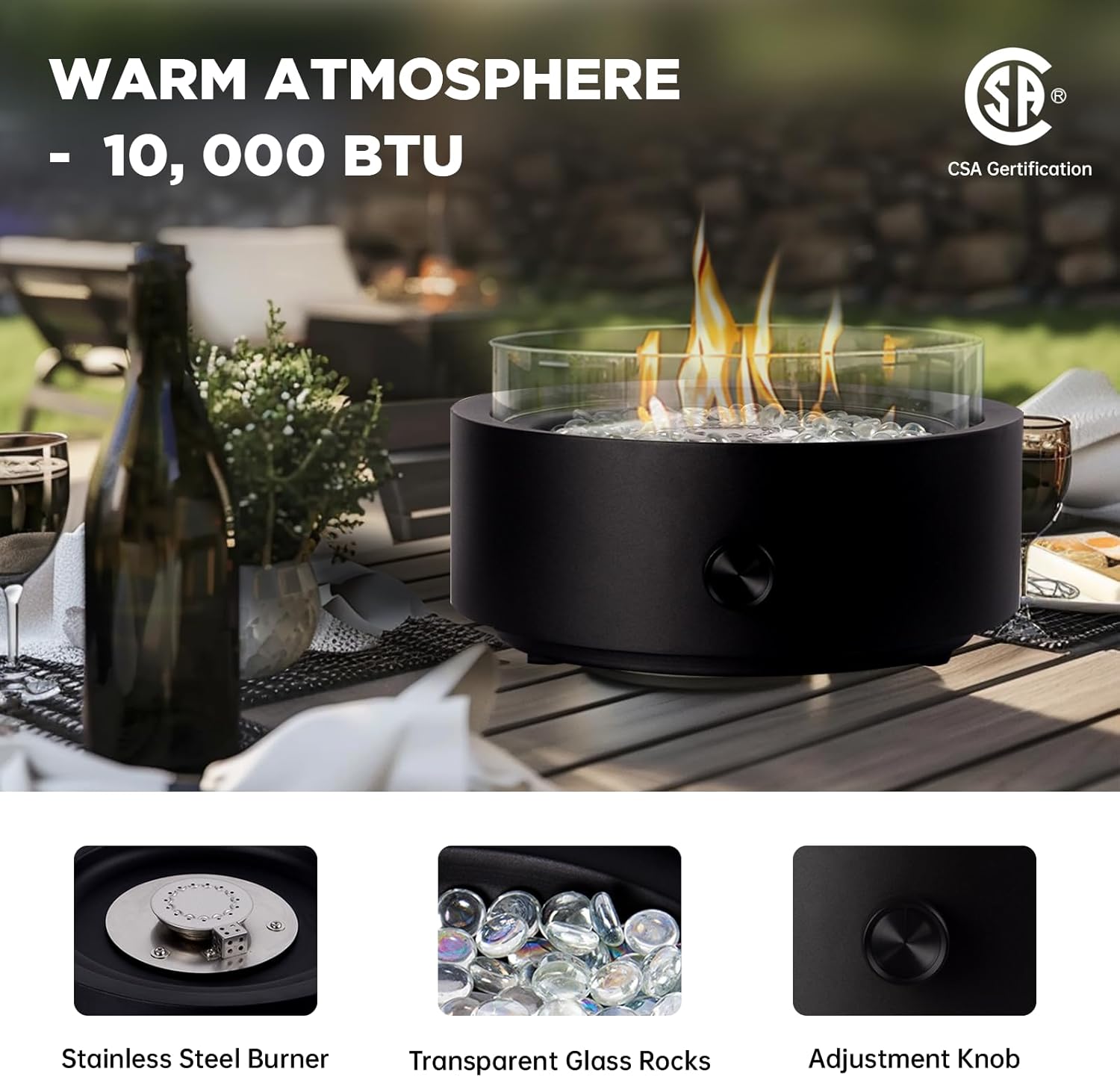 14-Inch Round Propane Fire Pit, 10000 BTU Portable Tabletop Fireplace with Glass Stones, Umbrella Hole Compatible for Outdoor Patio Tables & Camping, Black