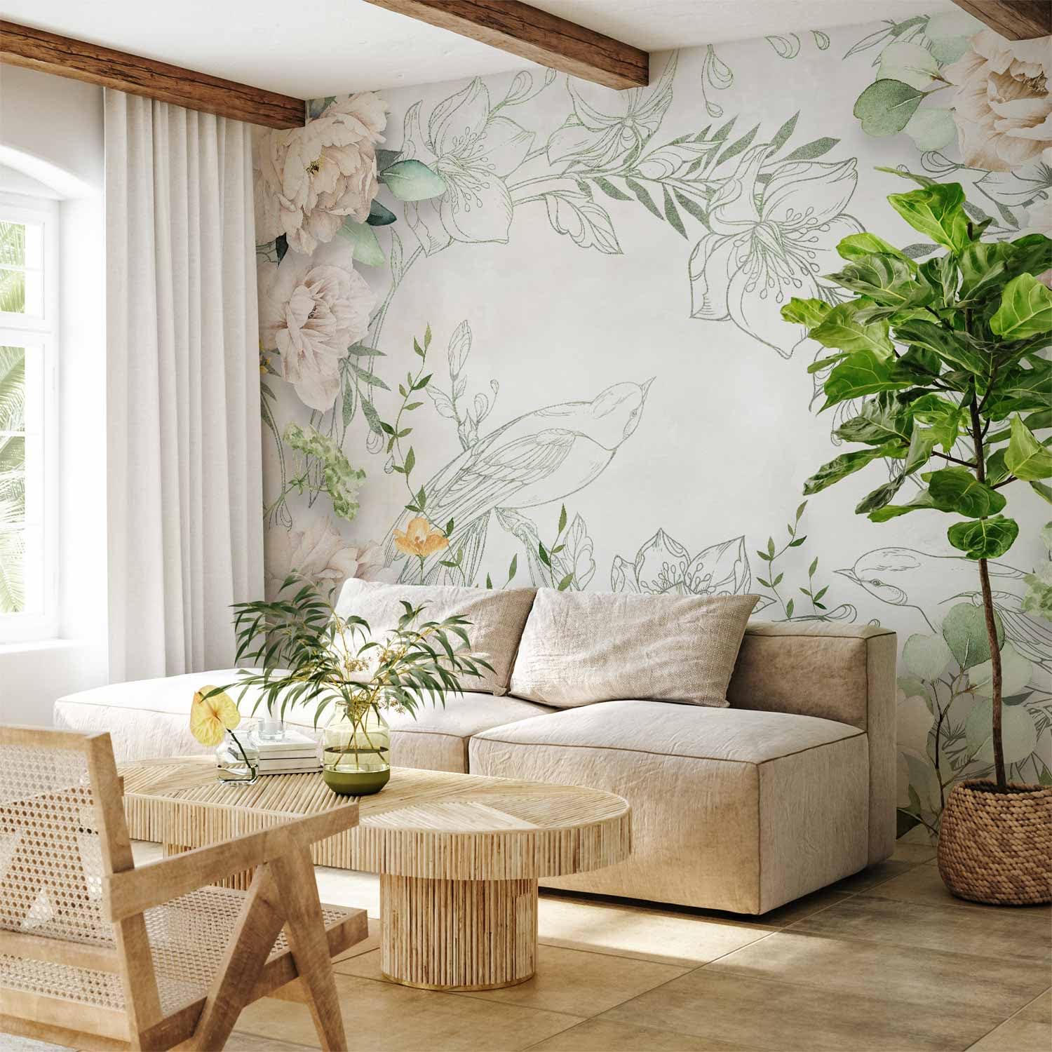 artgeist Wall Mural Abstract 138x101 in - Non-Woven Wallpaper Fleece Wall Decor Photo Print Picture Image Design Home Mural Flowers Floral Bird Leaves Sketch b-C-10357-a-a