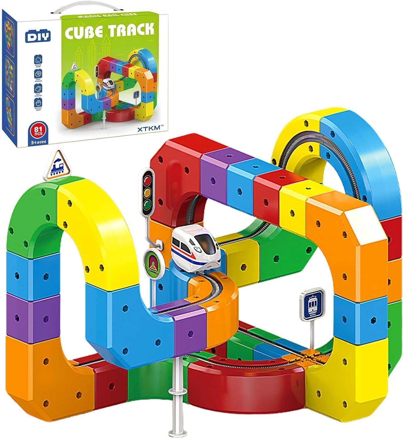 80 Pcs Track Fusion Train, Fun STEM Anti Gravity Race Track & Rail Cube Monorail, for Kids 3-10, Children’s Birthday Gifts, Best Type-C Charging