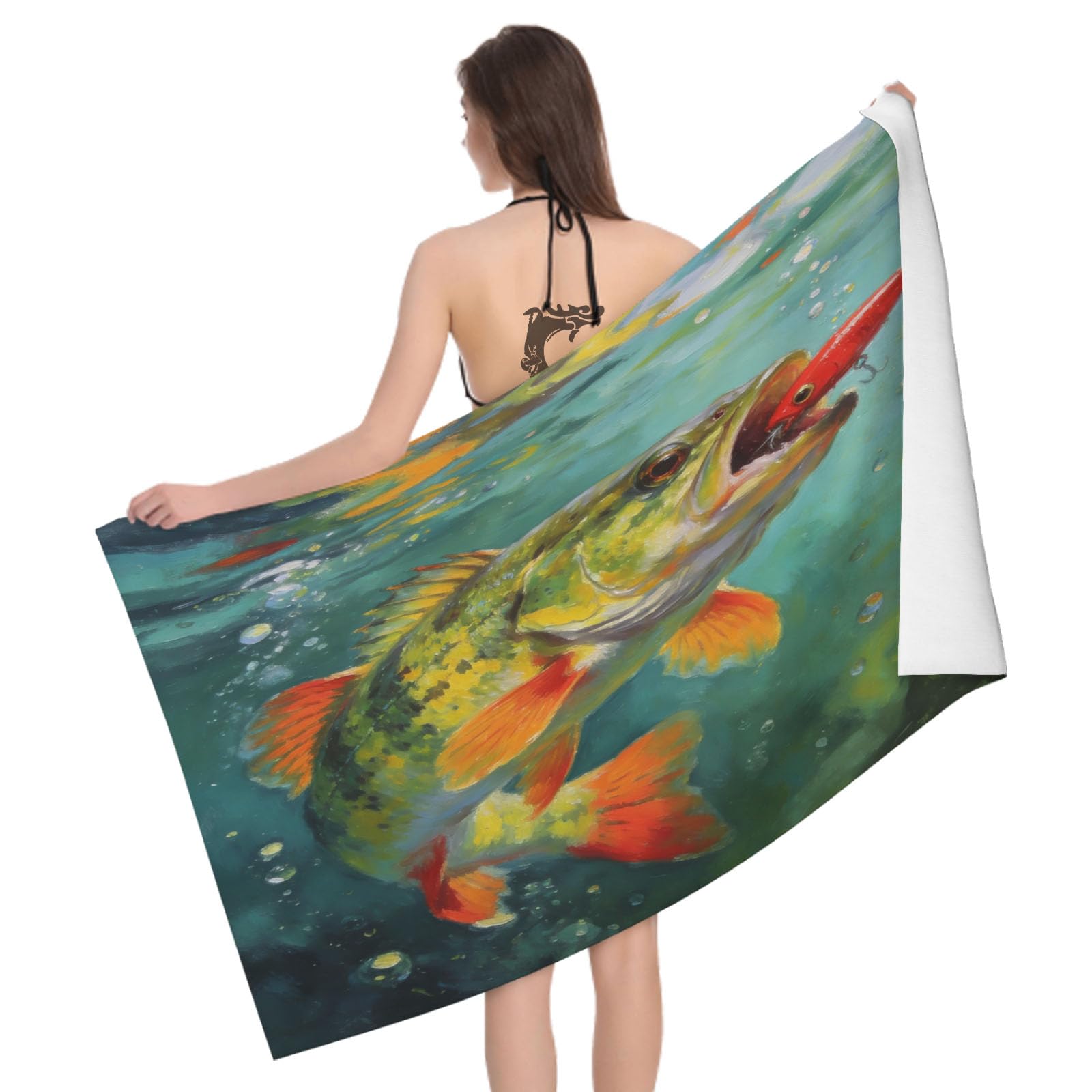Leichong 3D Sea Bass Beach Towel Microfiber Soft Quick Dry for Adults, Freshwater Fish Bath Towel Lightweight Soft Absorbent for Travel Swimming Pool Sports, 75 x 150 cm