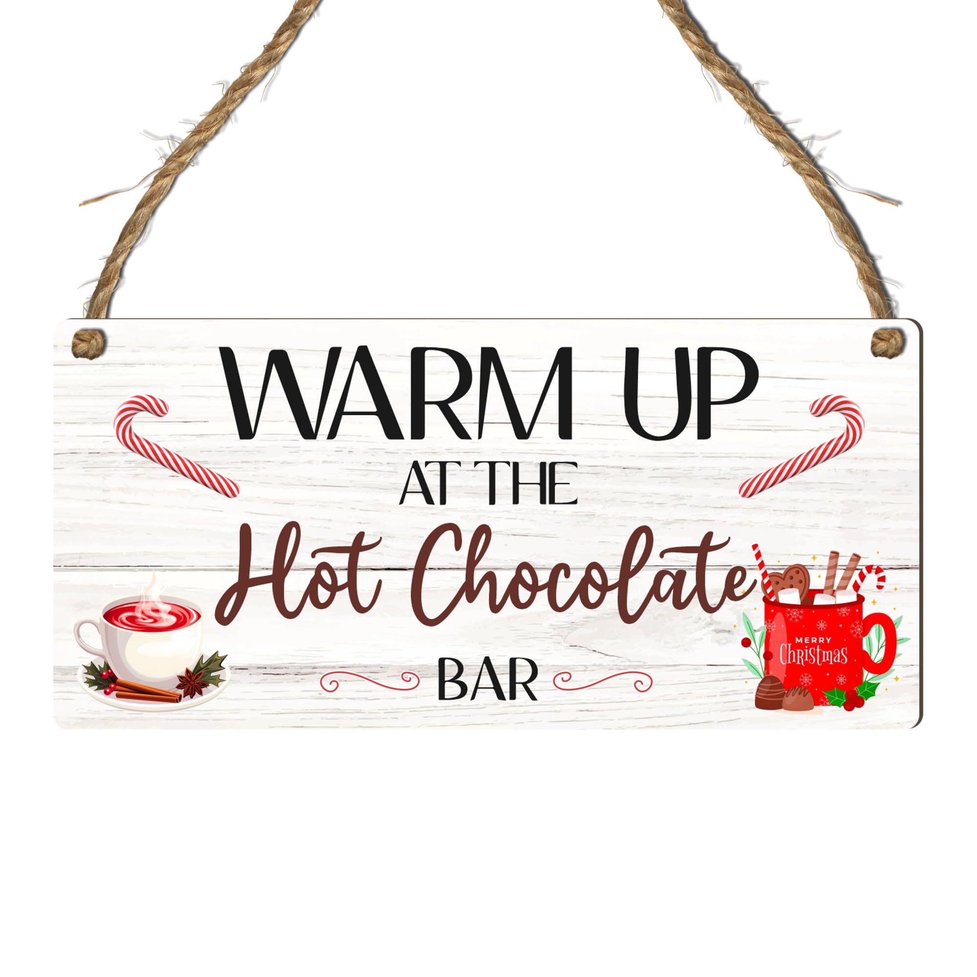 "Warm Up at the Hot Chocolate Bar" Christmas Plaque - Festive Sign for Cocoa Lovers - Perfect Christmas Decor for Kitchen, Coffee Nook, or Holiday Gathering (White, Large: 29 cm (H) × 13.5 cm (W))