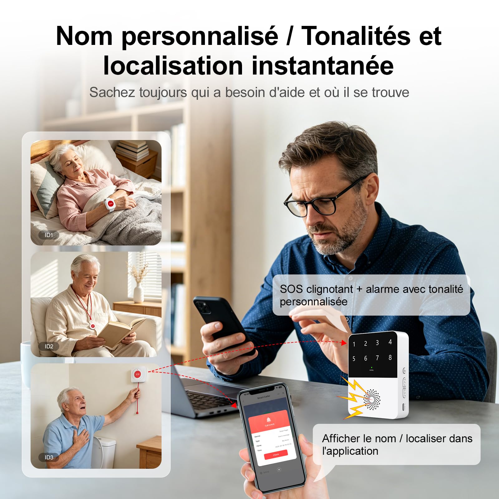 Bouton d'appel d'urgence pour Personnes âgées avec WiFi, Bracelet SOS pour Personnes âgées, Bouton d'alarme Mobile, Bracelet d'appel d'urgence pour Patients et handicapés