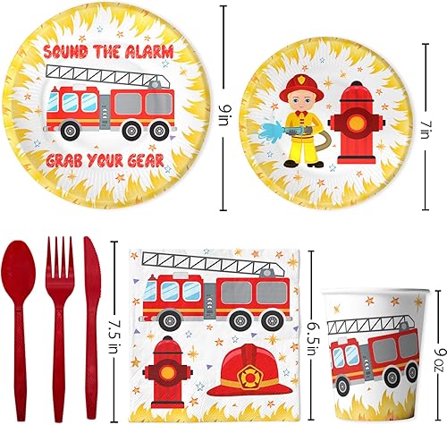 Miniatura 2 de Juego de vajilla para fiesta de camiones de bomberos, suministros de fiesta de bomberos, decoración de fiesta de bombero, vajilla de cumpleaños de