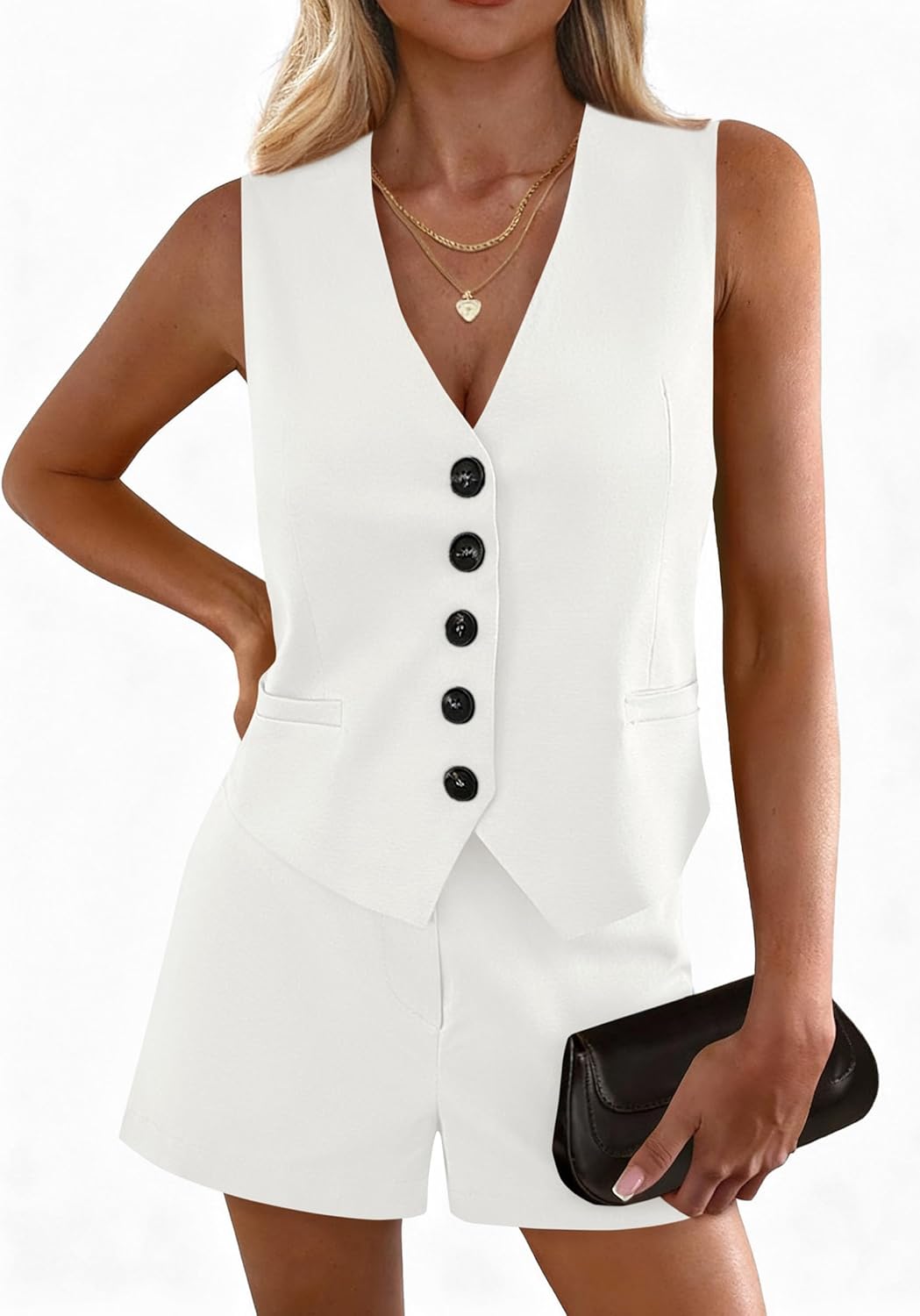 PRETTYGARDEN 2 Piece Sets for Women Spring Fashion 2026 Button Vest Tops High Waist Shorts Summer Business Casual Outfits - Image 7