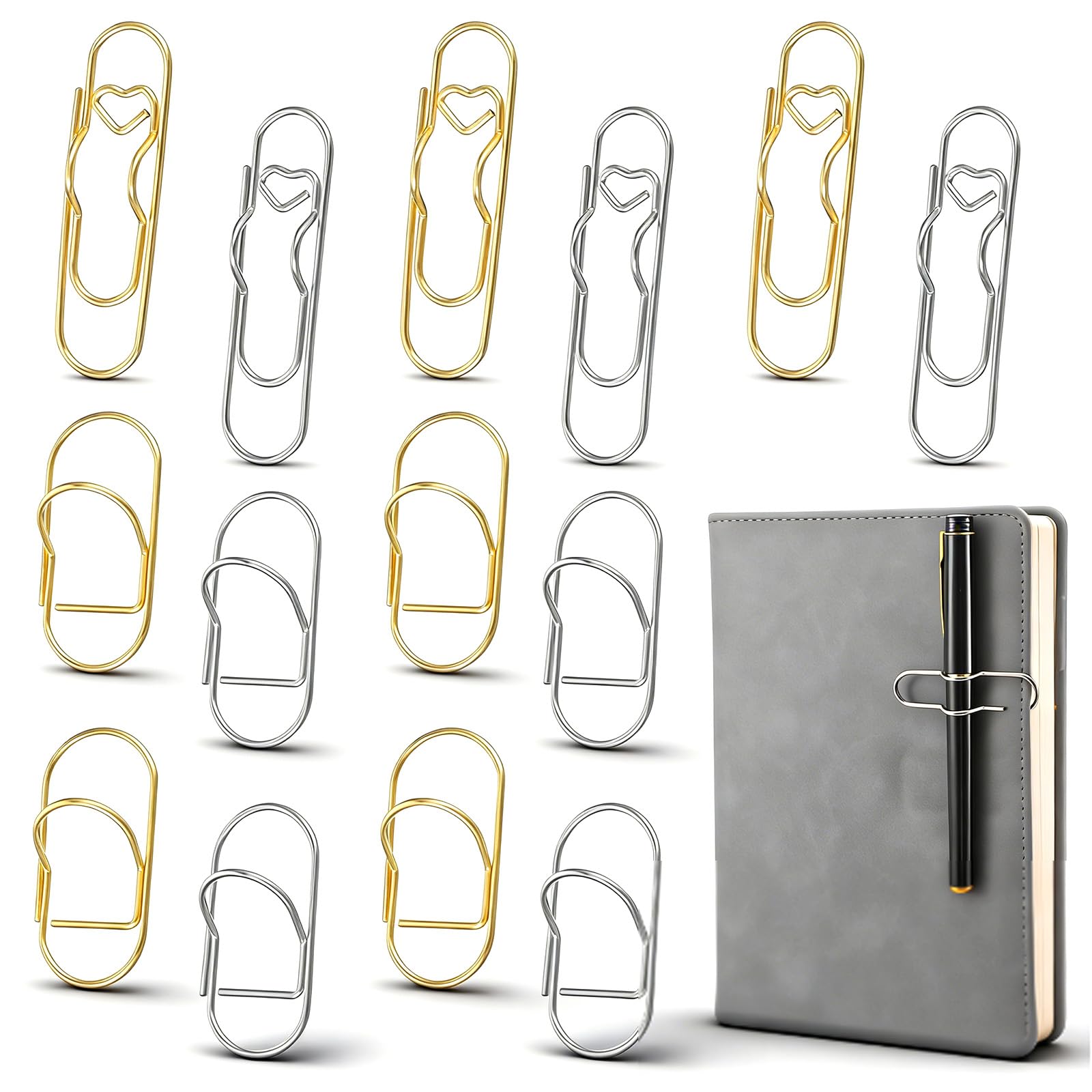 16 clips de metal para bolígrafo, para cuaderno, clips para bolígrafos, diarios, libros, suministros de oficina, dorado/plateado