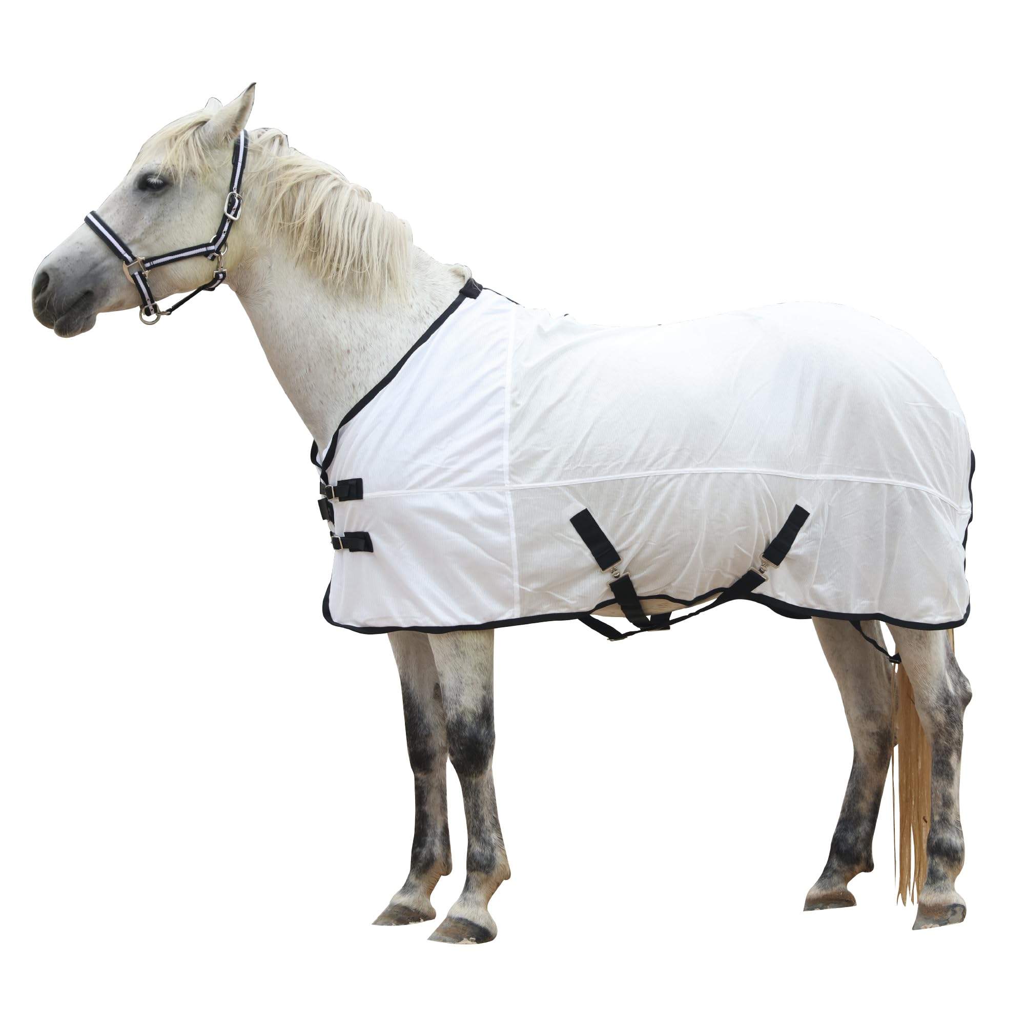 Couverture Anti-Mouches en Maille pour Chevaux, Protection UV, Légère et Respirante, Ajustement Réglable, Encolure Standard, pour l'Été dans Les Paddocks et Les Écuries, Blanc 130cm