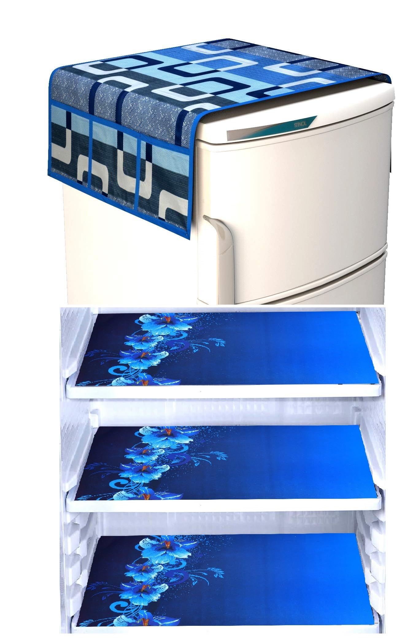 XMBUG Set of 1Pc Fridge Cover for Top with 6 Utility Pockets + 3 Fridge Mats - BLUEBOX+3BLUEMAT