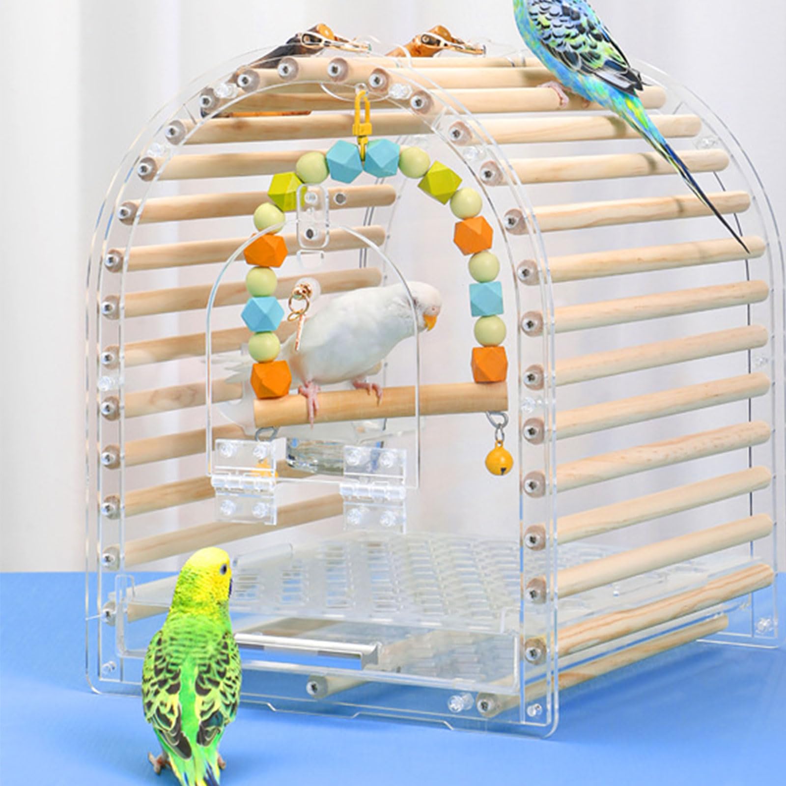 Jaula de viaje para loros de acrílico transparente para pájaros de agapornis, nido portátil con escalera y bandeja para pájaros de viaje al aire libre con asa