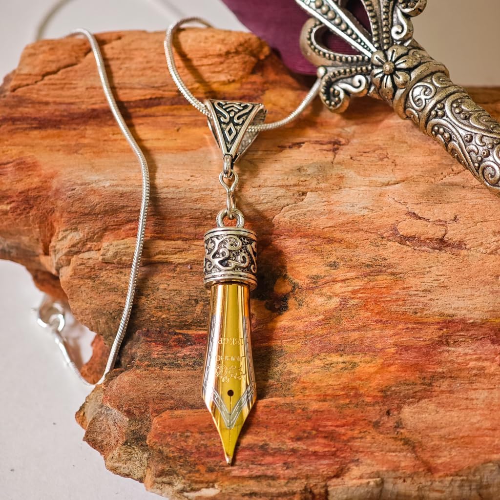 Fountain Pen Nib Pendant for Writers & Teachers – Gold Tone Drop – Filigree Bail, 18" Silver-Plated Chain (Gold)